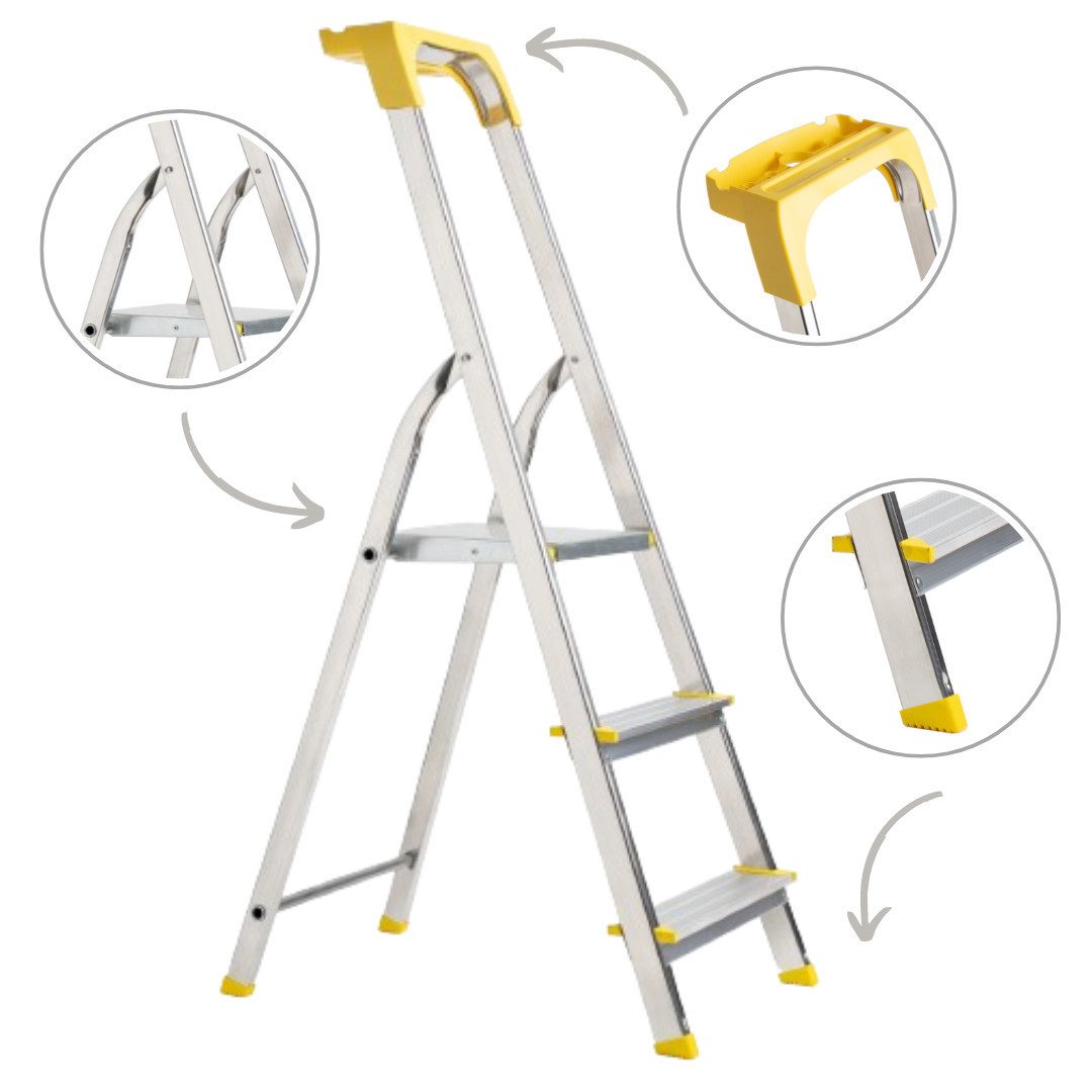 nm_trade Stehleiter Stehleiter Haushaltsleiter mit 3 Stufen Profi Leiter + Ablage, leicht, robust, belastbar bis 120 kg, aus Aluminium, rostfrei