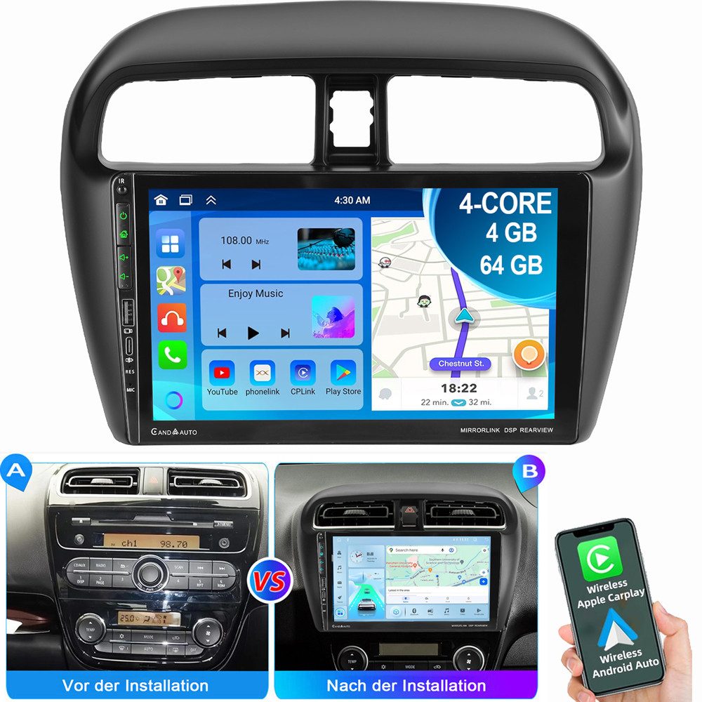 ESSGOO 9" Autoradio Für Mitsubishi Mirage Space Star Navi Carplay Autoradio (RDS, Digitalradio (DAB), FM, AM)