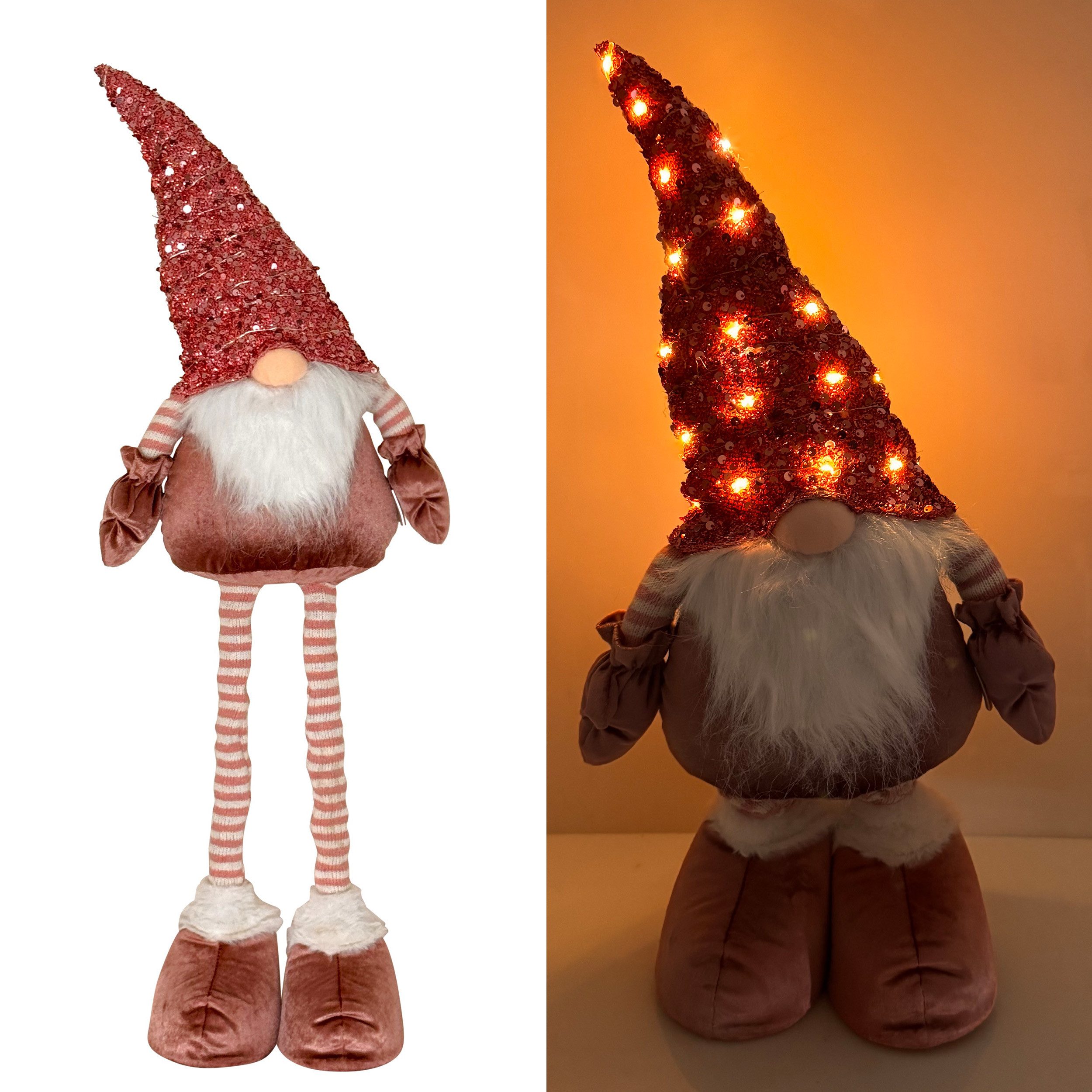 Online-Fuchs Weihnachtsfigur süßer Wichtel mit Zipfelmütze, Teleskopbeinen und LED-Beleuchtung (Deko zu Weihnachten, Dauerleuchten oder Funkeleffekt wählbar), inkl. praktischer 6-Stunden Timerfunktion
