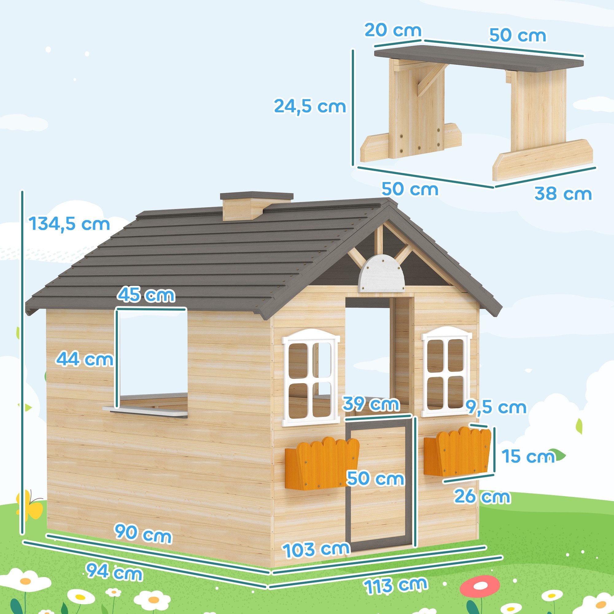 Outsunny Spielhaus Kinderspielhaus mit Briefkasten Fenster, für Garten, Balkon, Natur
