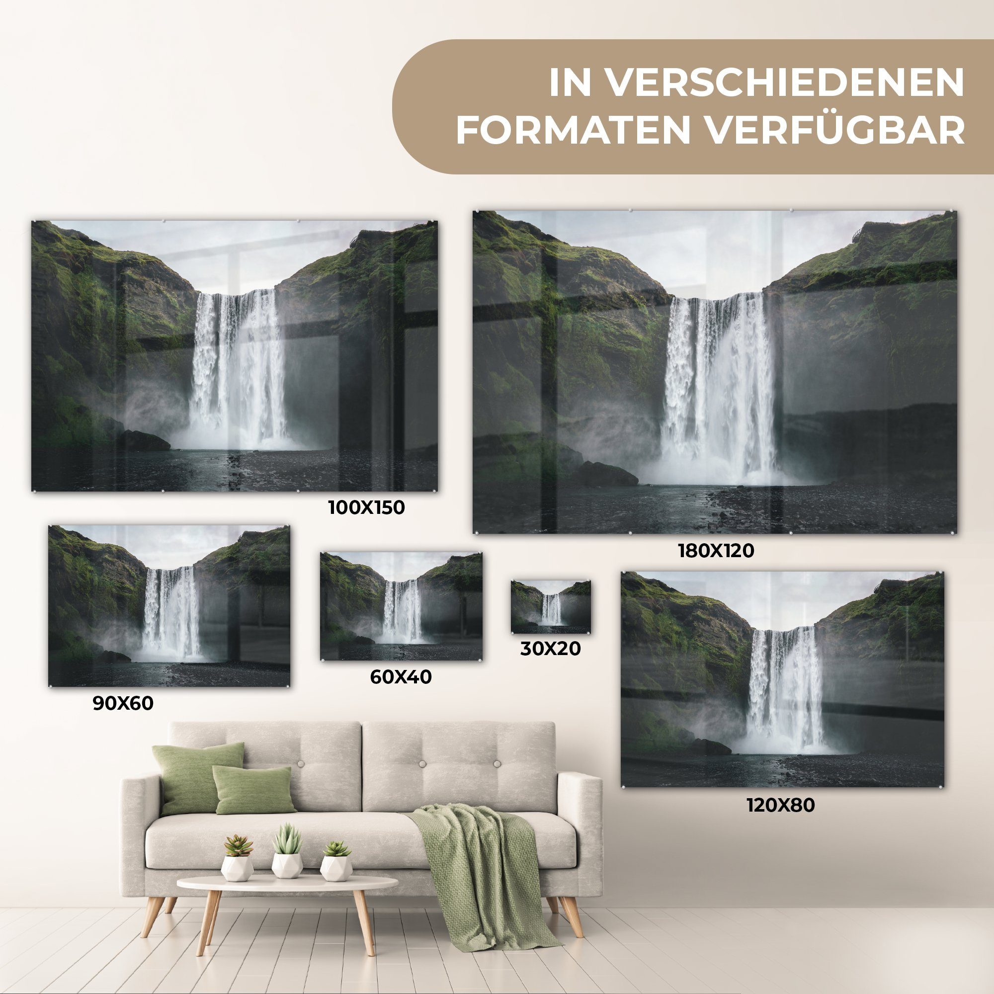 MuchoWow Acrylglasbild Wasserfall - Wohnzimmer - & Acrylglasbilder Felsen, Island (1 Schlafzimmer St)