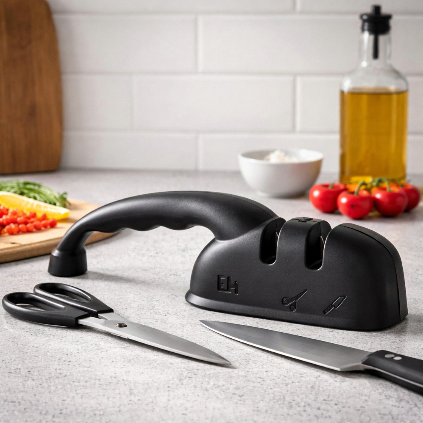 Koopman Messerschärfer Scherenschleifer Schleifer Schleifkopf 19x5cm Schwarz, ergonomischer Griff, Standsicher, Kunststoff, Für Messer & Scheren