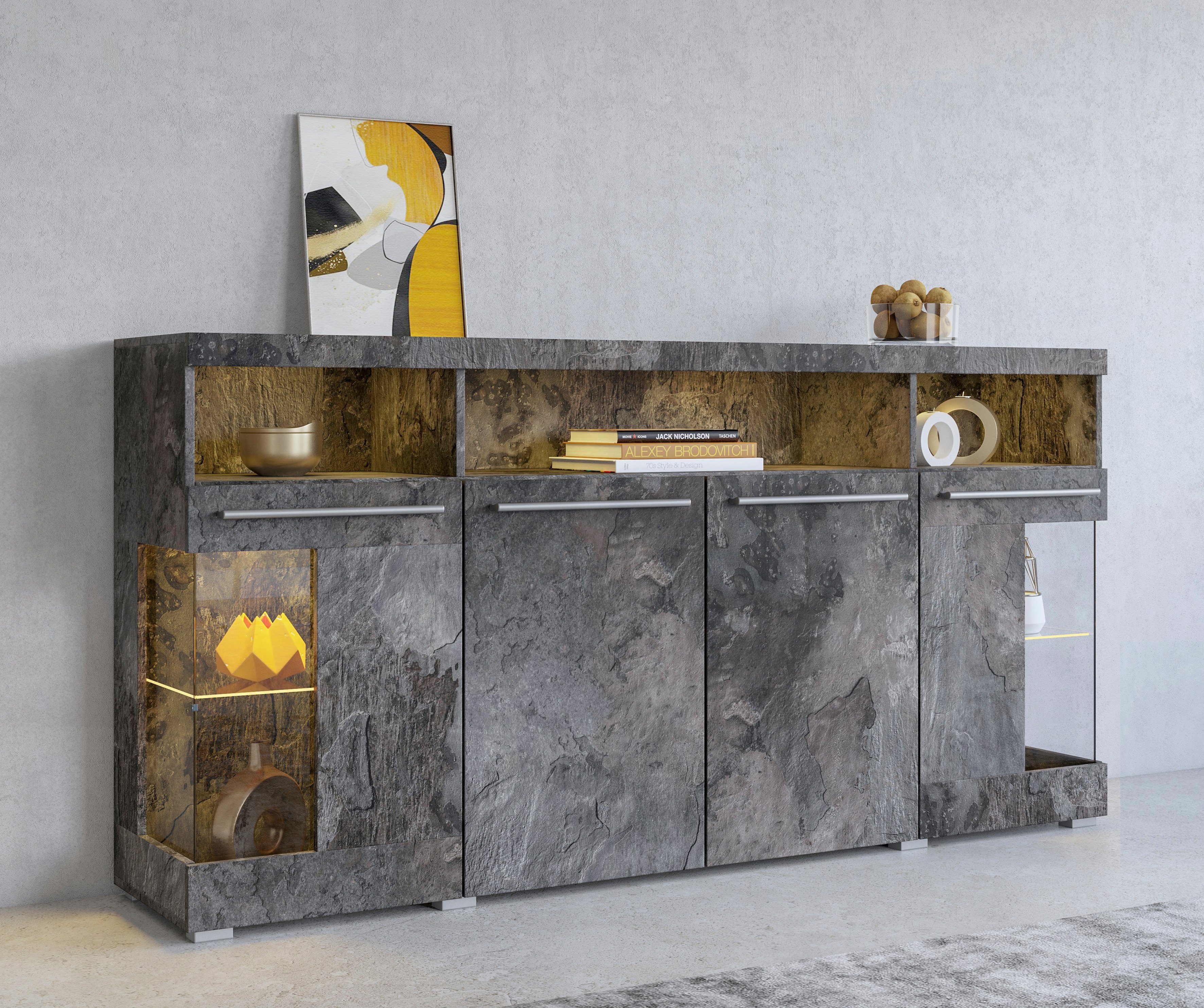 INOSIGN Sideboard India,Breite 182cm, stilvolle Kommode mit Glastüren, Kombikommode viel Stauraum, Einlegeböden verstellbar,ohne Beleuchtung