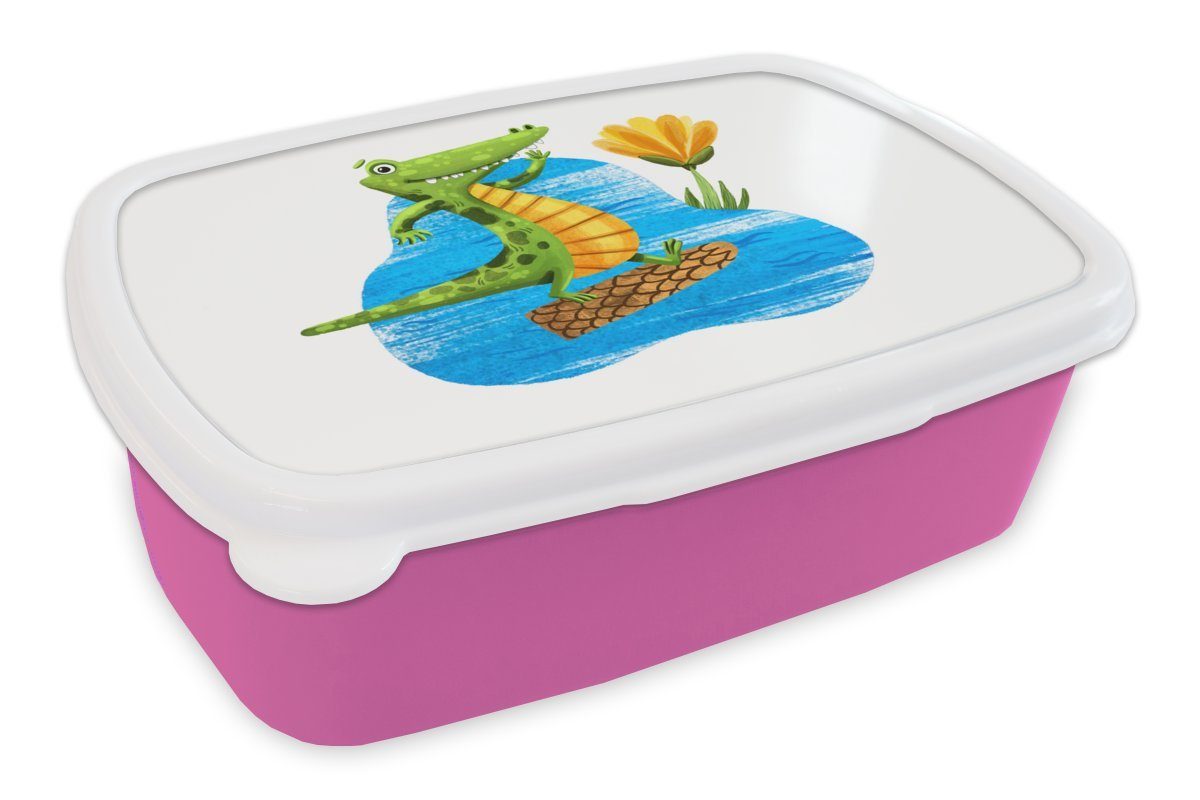 MuchoWow Lunchbox Krokodil - Wasser - Dschungel, Kunststoff, (2-tlg), Brotbox für Erwachsene, Brotdose Kinder, Snackbox, Mädchen, Kunststoff rosa