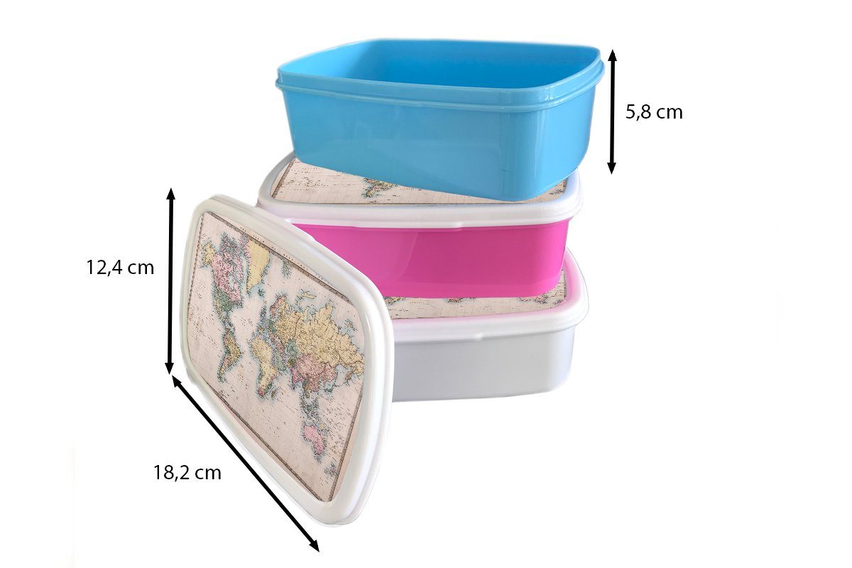 Brotbox Kunststoff Kinder, rosa Lunchbox Brotdose (2-tlg), Farben, - Weltkarte Erwachsene, Snackbox, für Kunststoff, Mädchen, Retro MuchoWow -
