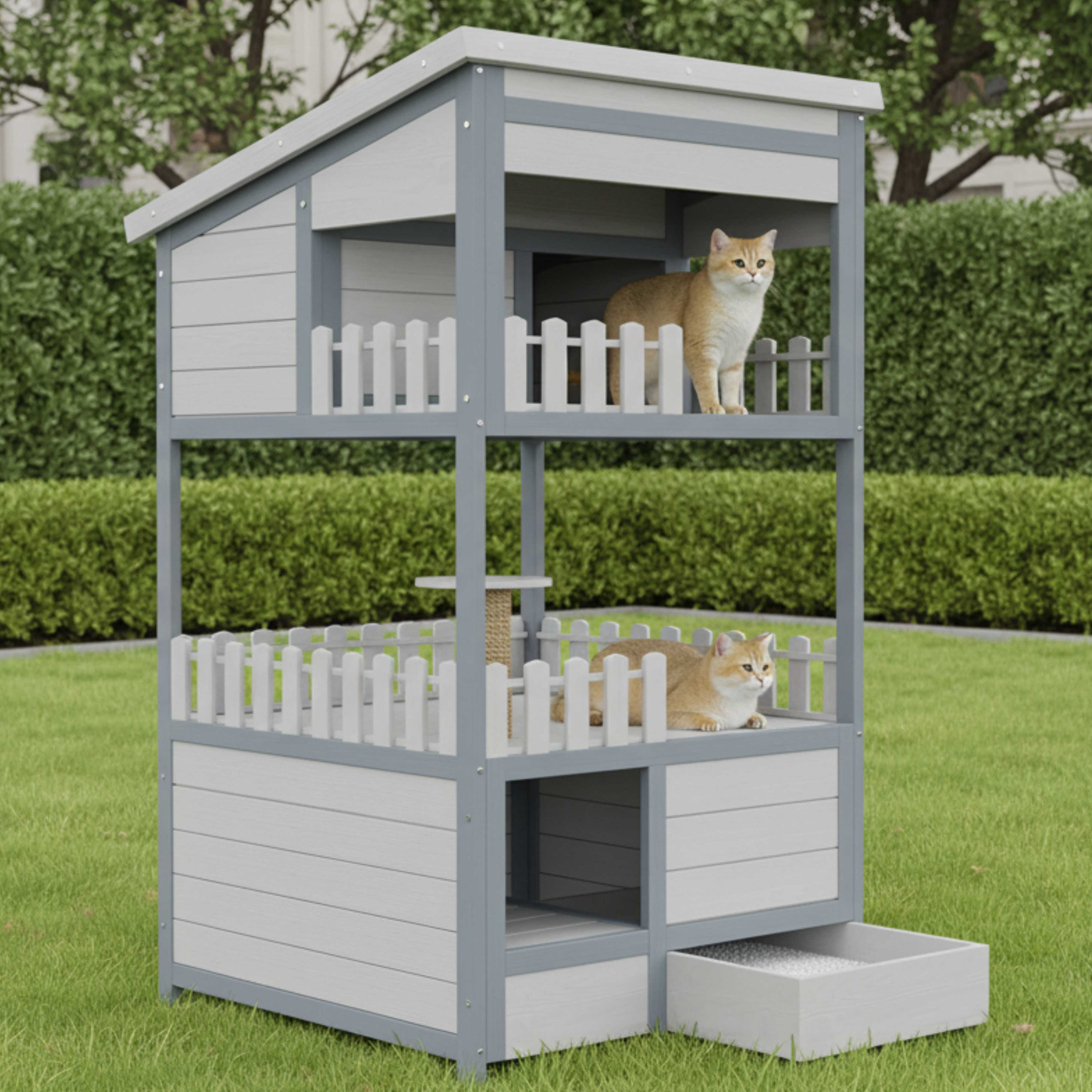 BlingBin Tierhaus Tannenholz Katzenhaus mit 2 Etagen,wetterfestes Outdoor Katzenheim, mit verzinkter Katzenstreuschublade,Massivholz,68x64x124cm