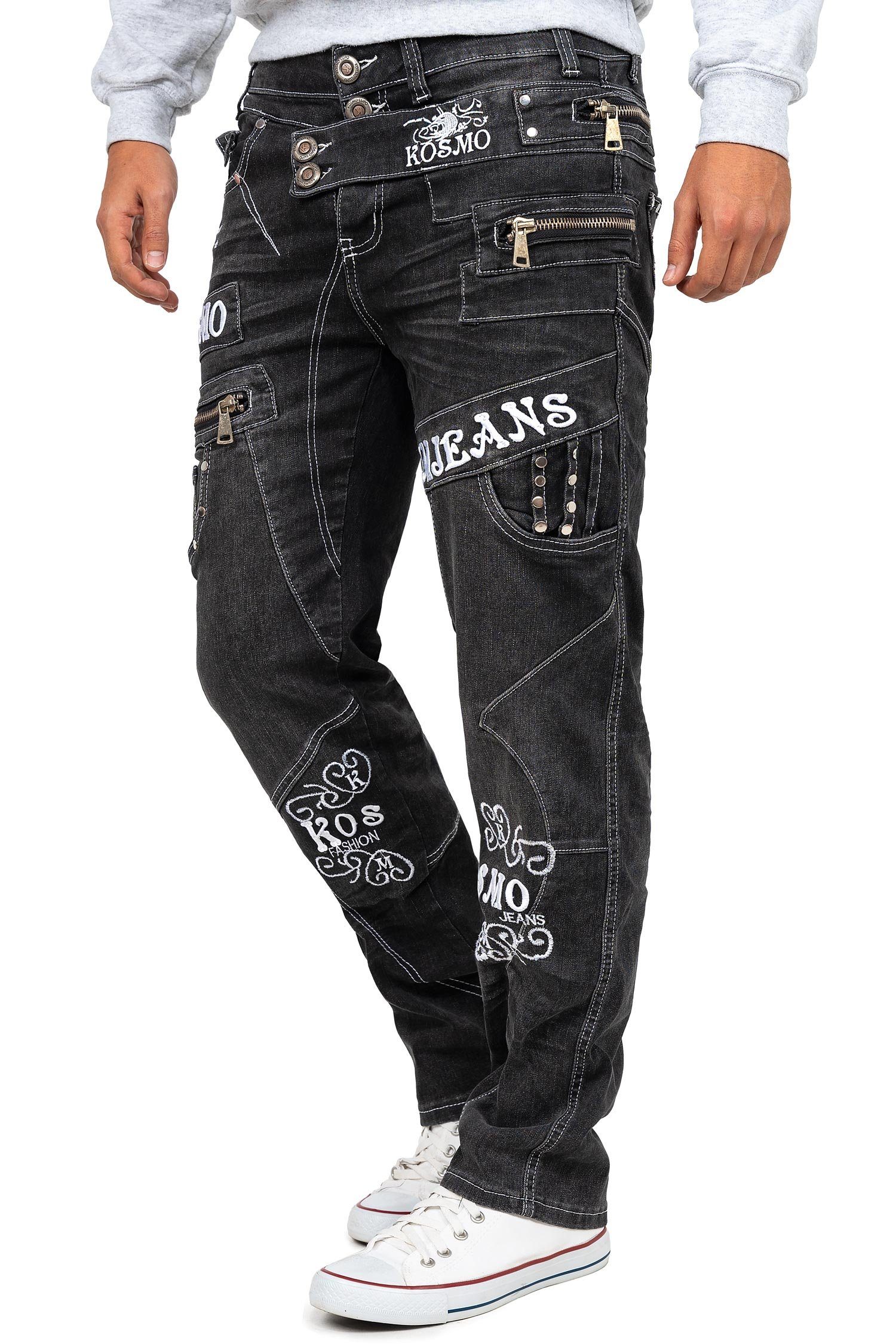 Hose Verzierungen Markante 5-Pocket-Jeans und Lupo Auffällige grau Kosmo Herren Waschnung BA-KM051
