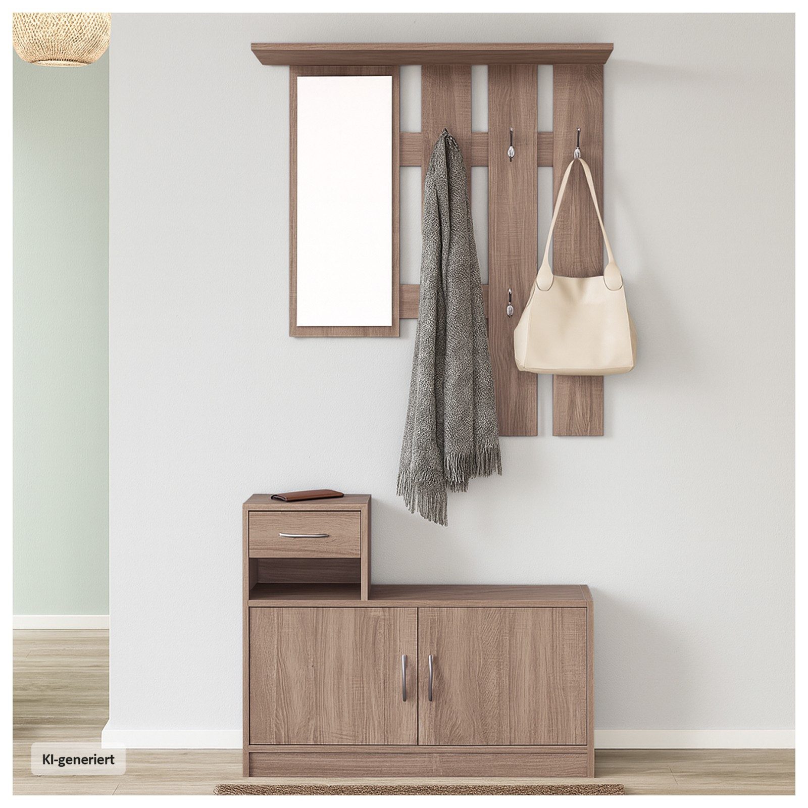 HTI-Living Garderobe Garderobenpaneel mit Schuhschrank Thekla Sonoma (Set, 2 St., 1 Garderobenpaneel mit Spiegel, 1 Schuhschrank), mit Spiegel Hutablage und 5 Kleiderhaken