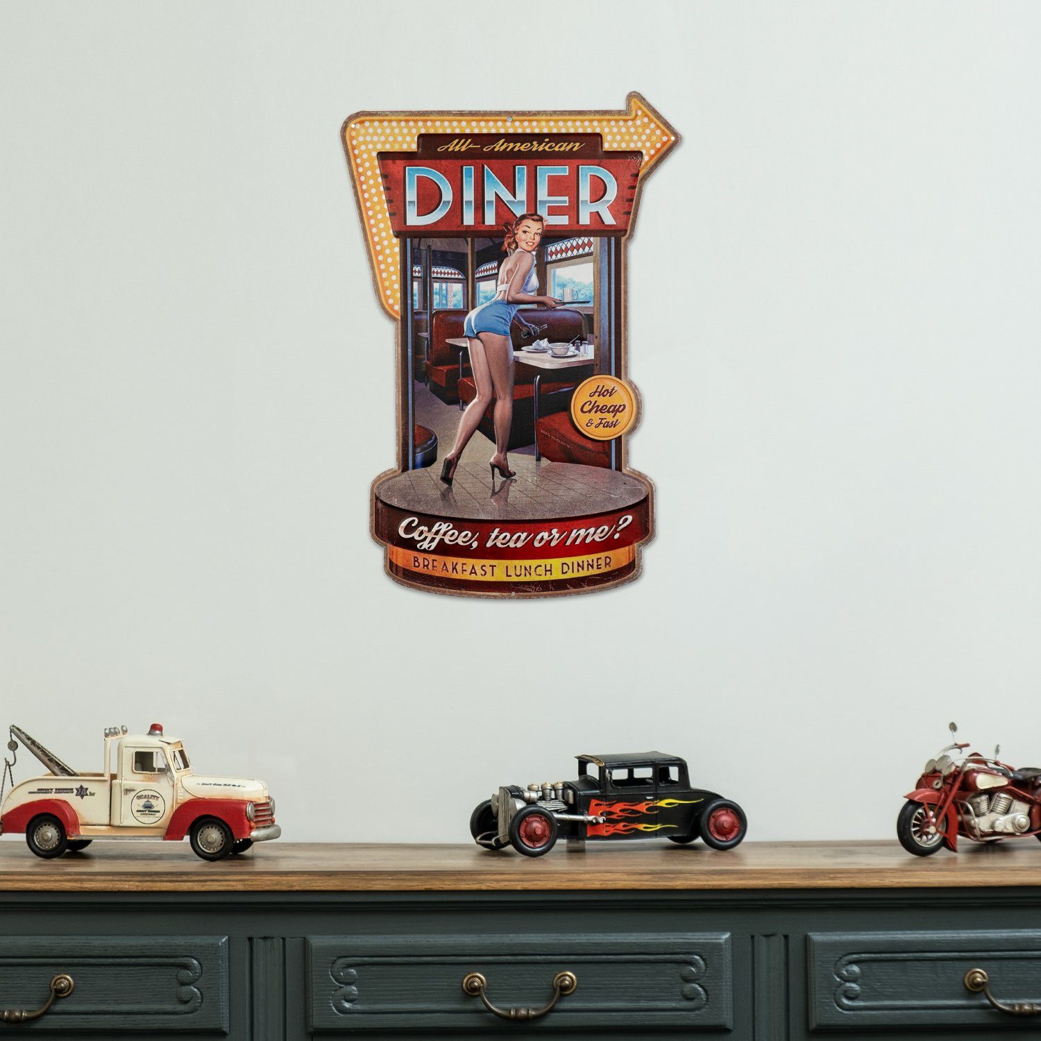 Moritz Metallschild American Diner Amerika USA Frau Retro Coffee, Vintage Retro Deko Schild Metallschild Wandbild Schild