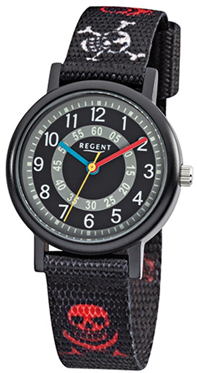 Regent Quarzuhr Regent Kinder-Armbanduhr schwarz rot weiß, (Analoguhr), Kinder Armbanduhr rund, klein (ca. 29mm), Textilarmband