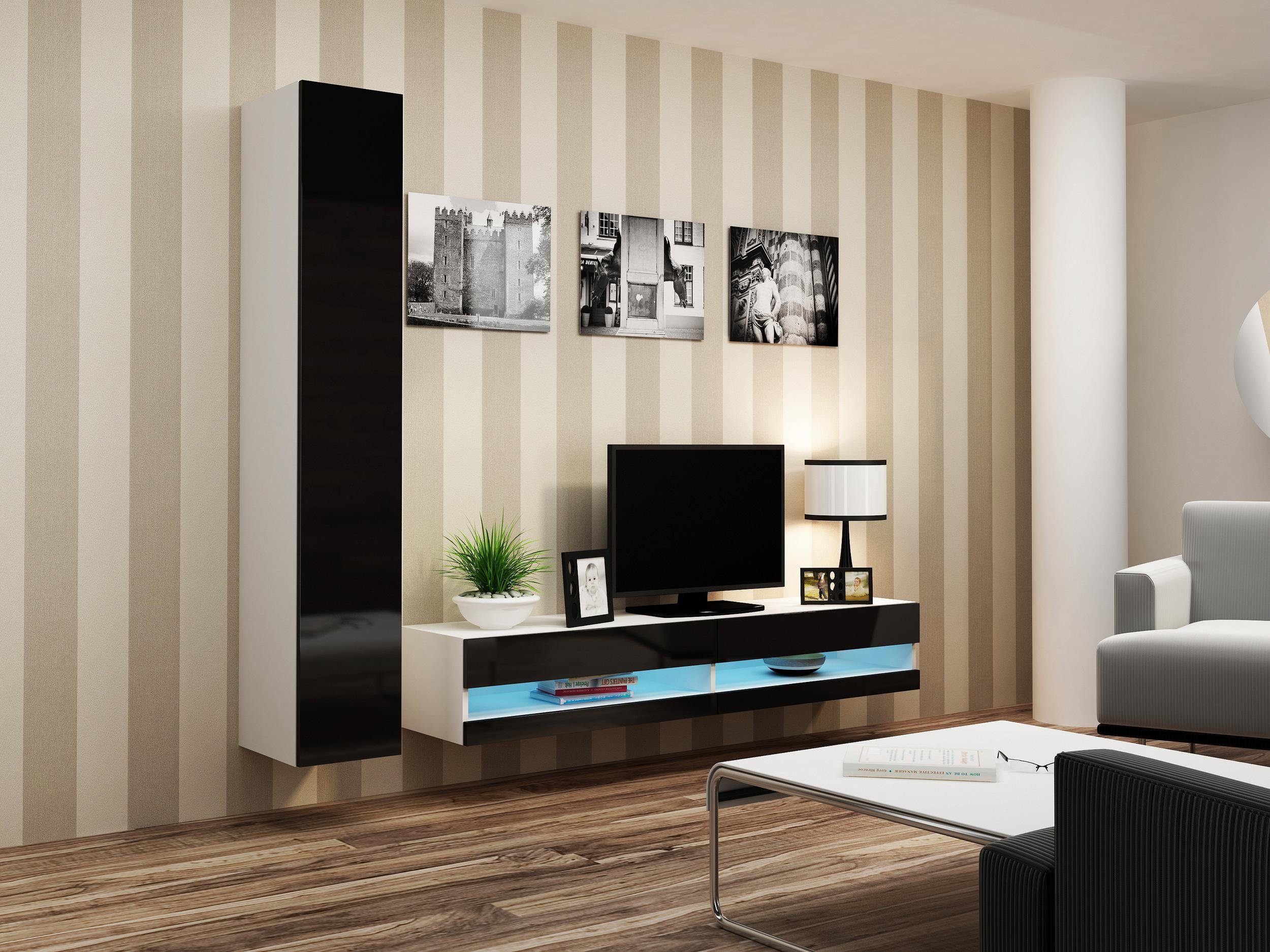 Stylefy Wohnwand Vago N IX, (Set (2-St), Wohnmöbel, Wohnzimmer-Set), bestehend aus 1xLowboard und 1xHängeschrank, mit Push-to-Open, inkl. LED-Beleuchtung, Modern Design Weiß/Schwarz