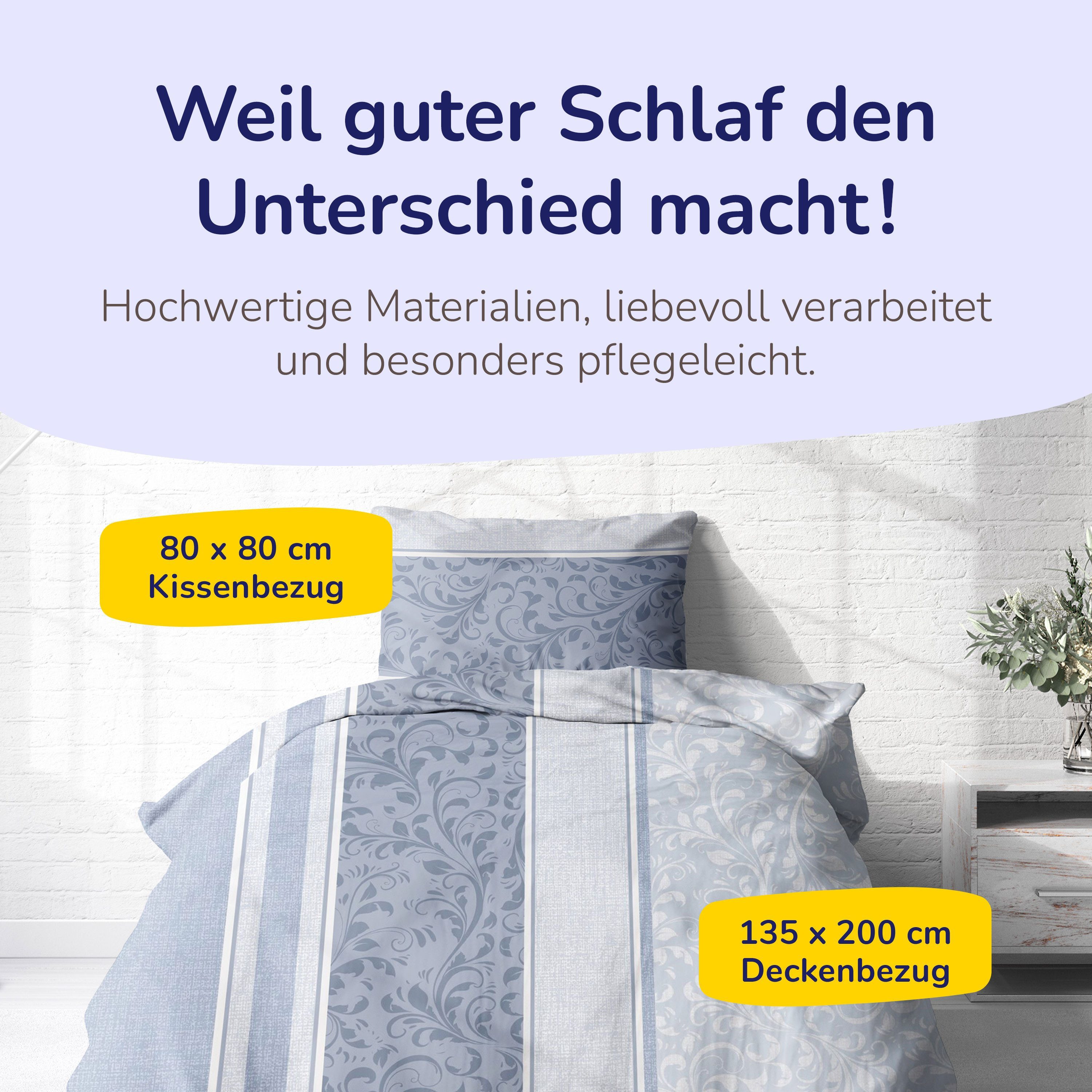 Träumschön Bettwäsche Premium Bettwäsche 135x200 - 80x80 cm Baumwolle, Ranken Hellblau, Baumwolle, 2 teilig, mit Reißverschluss, luftig und leicht Sommerbettwäsche