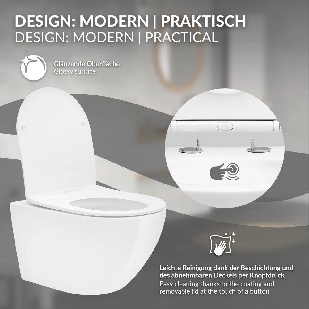 LuxeBath Tiefspül-WC Spülrandloses Wand Hänge WC aus Keramik, mit WC-Sitz Absenkautomatik, Toilette ohne Spülrand Weiß, Tornadospülung, Softclose-Klodeckel