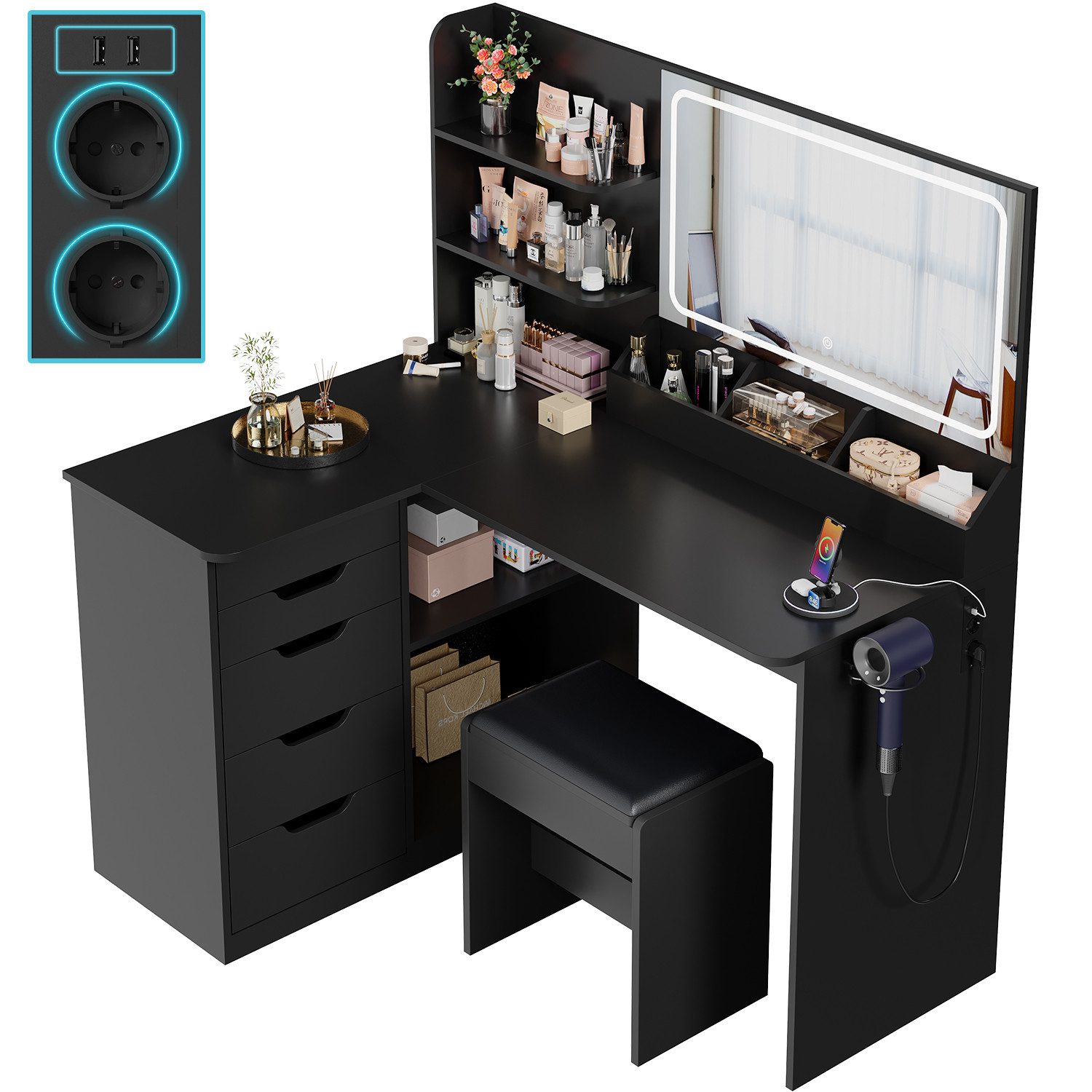 HOMALL Schminktisch Mit Stuhl und dreifarbigem LED-Spiegel, Helligkeit eins günstig online kaufen