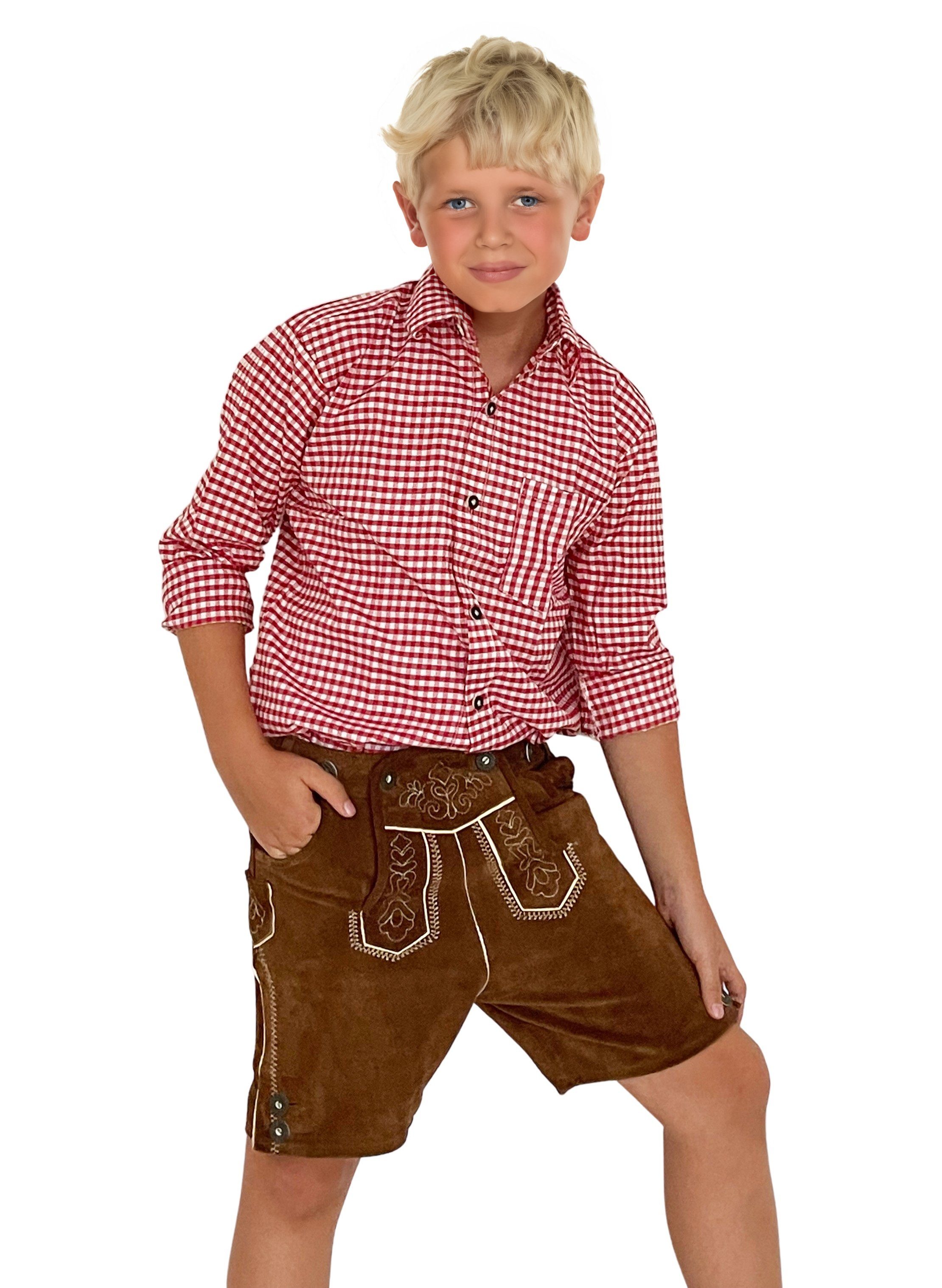 Trachterbahn Trachtenhemd Trachtenhemd Junge kariert Baumwolle langarm mit Halstuch 45x45 cm rot kariert
