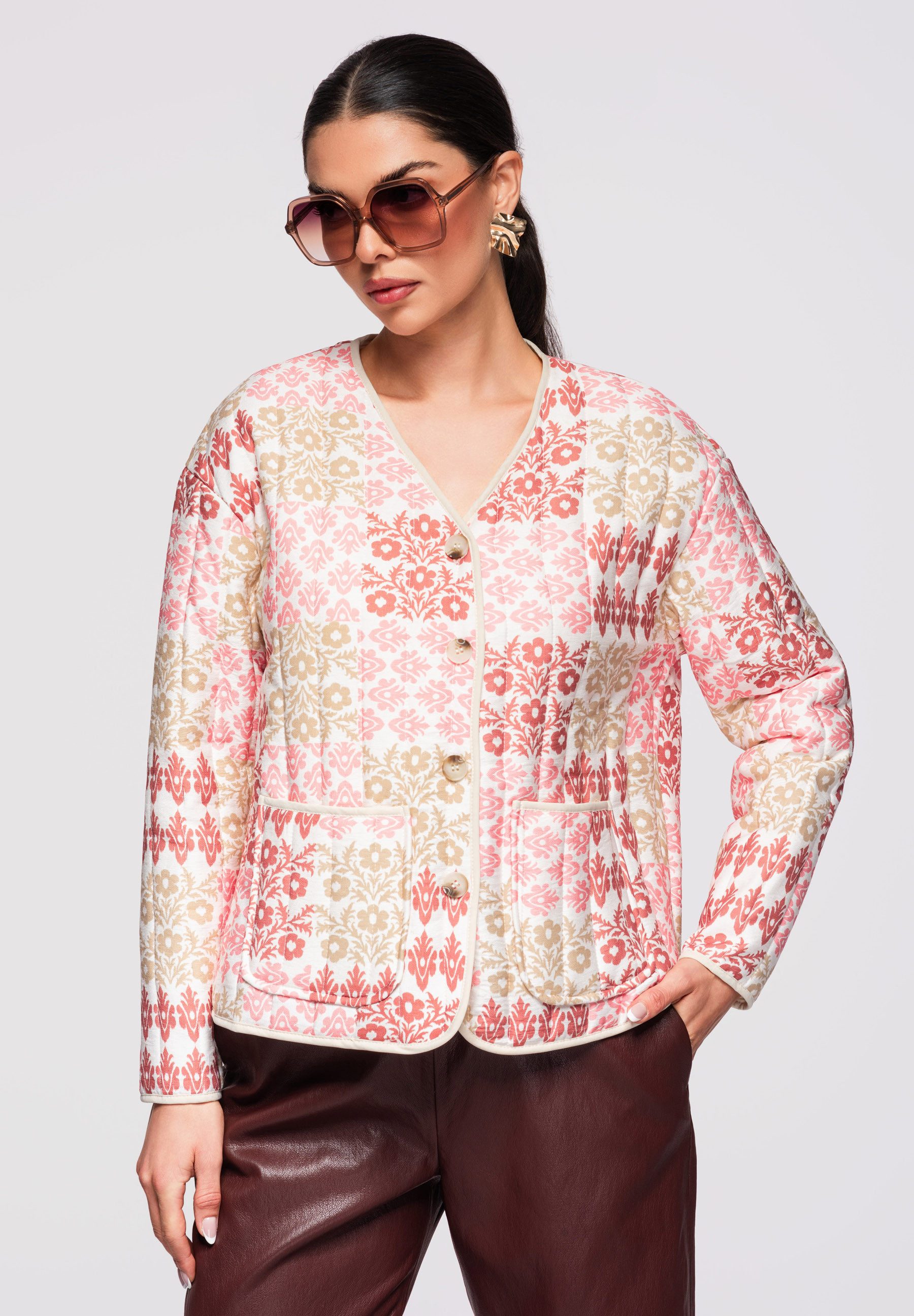 OMBRE Bomberjacke Damen Jacquard Jacke Loose Fit V-Ausschnitt Rose/beige M (kein Set, 1-St) Jacquard-Muster