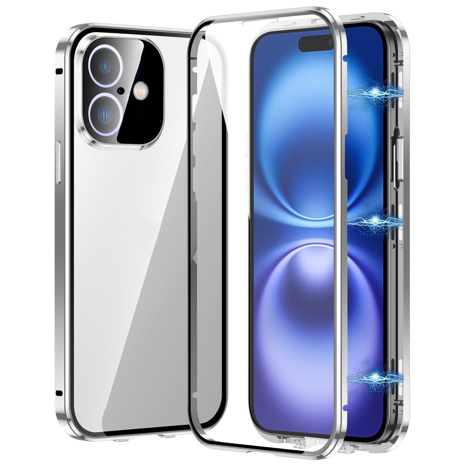 Handyhülle Für Apple iPhone 16 Beidseitiger 360 Magnet Glas Hülle Bumper Silber