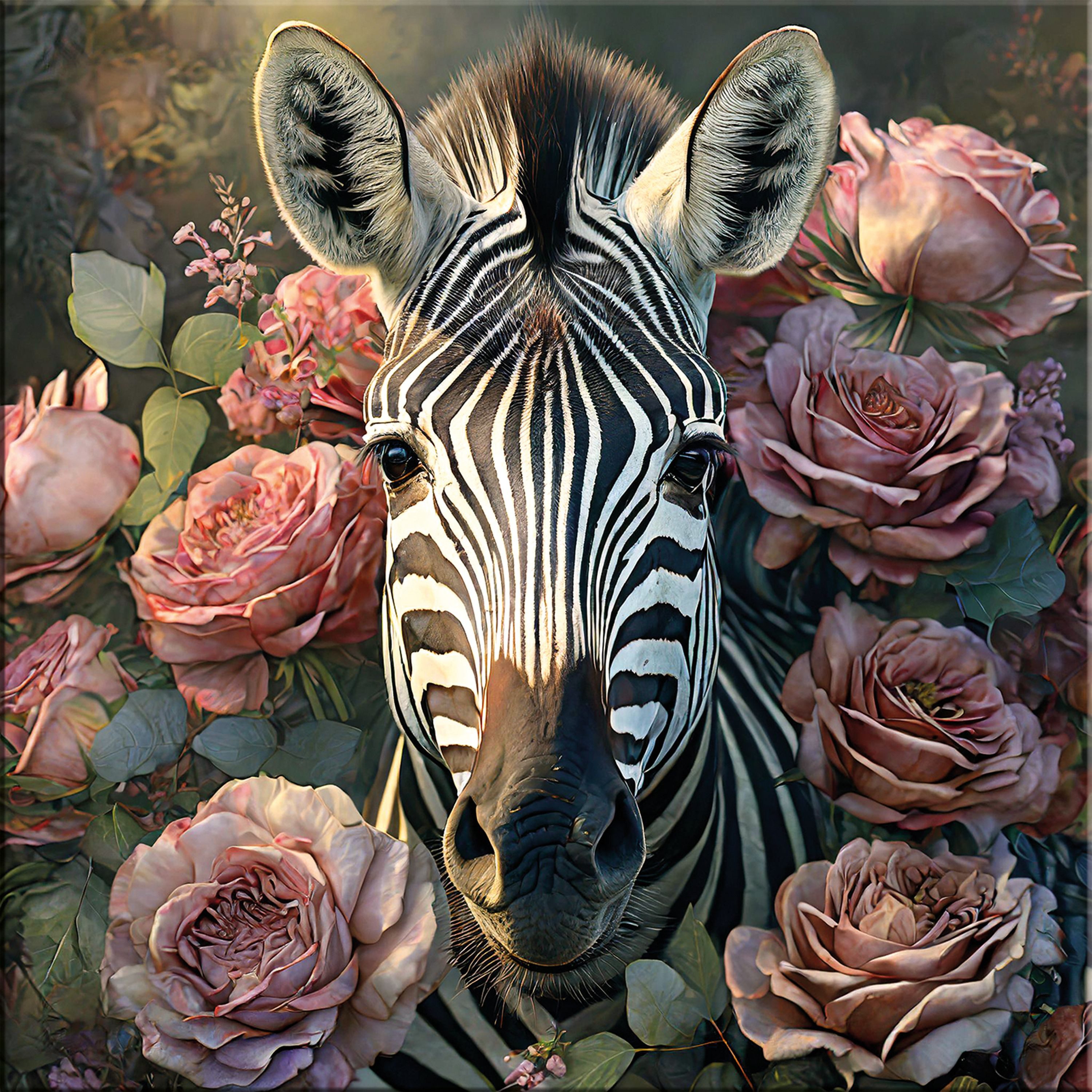 artissimo Glasbild Glasbild 30x30cm Bild aus Glas Boho-Style Blumen Blüten rosa grün, Tiere: Vintage Zebra