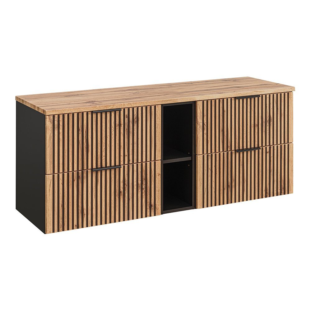 Lomadox Waschbeckenschrank XANTEN-56 140 cm mit Regal in anthrazit mit Eiche Nb. schwarz gerillt