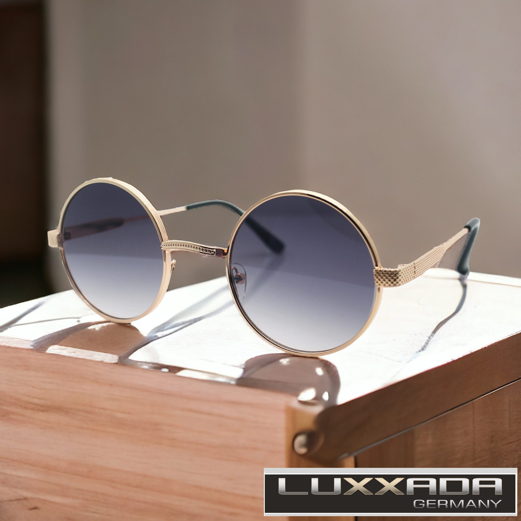 Vaccari-design Sonnenbrille (1x Runde Hippie Festival Brille mit Brillenbeutel) Nickelbrille in Schwarz oder Gold mit Getönten Gläsern