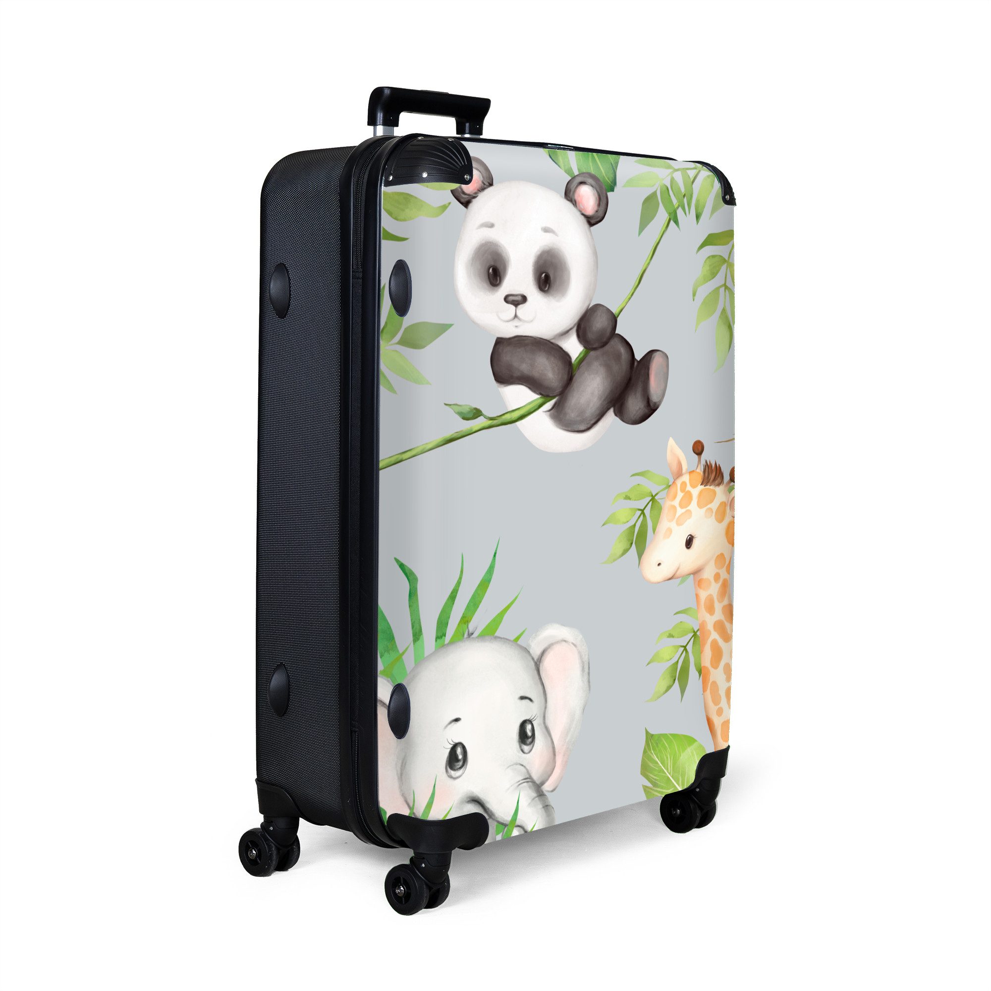 NoBoringSuitcases.com© Kinderkoffer Dschungel - Panda - Elefant - Giraffe - Kinder 77 cm - 98 L, 8 Rollen, Großer Reisetasche mit Rollen für 30kg, Kinderkoffer