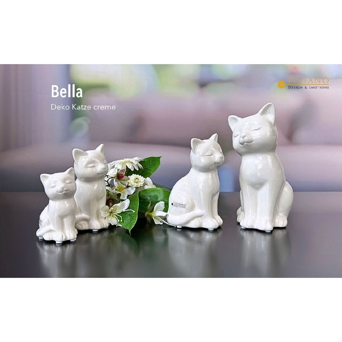 TIZIANO - DESIGN & EMOTIONS Tierfigur Deko Katze Bella creme-weiß – Keramikfigur – Wohnraumdeko