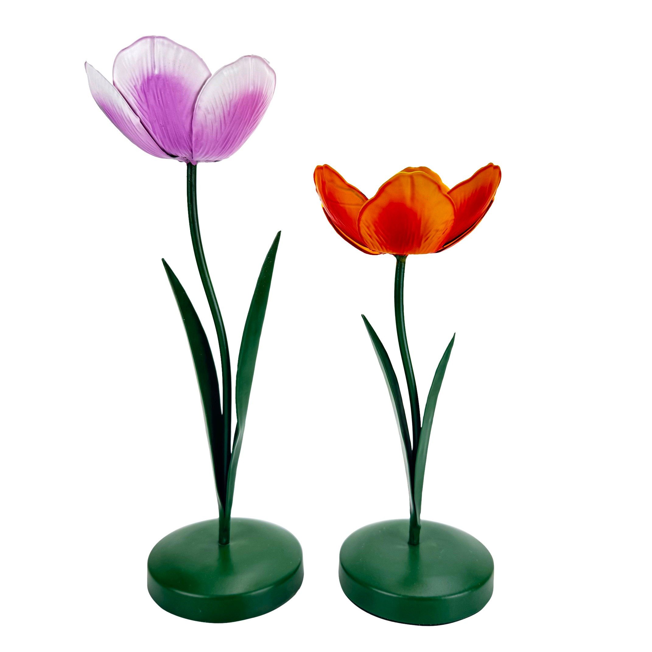 Online-Fuchs Kerzenhalter für Stabkerzen, Kerzenständer in Blumenform - Deko Ostern & Frühling (in zartem Lila und warmen Orange gehalten, für Stabkerzen bis 2,2 cm Durchmesser), kunstvoll gestaltete Blüten aus hochwertigem Metall