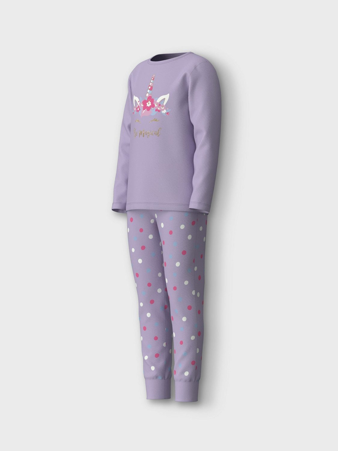 Name It Schlafanzug NKFNIGHTSET PASTEL LILAC MAGICAL NOOS (Set, 2 tlg) mit fröhlichem Frontmotiv und gepunkteten Hosen