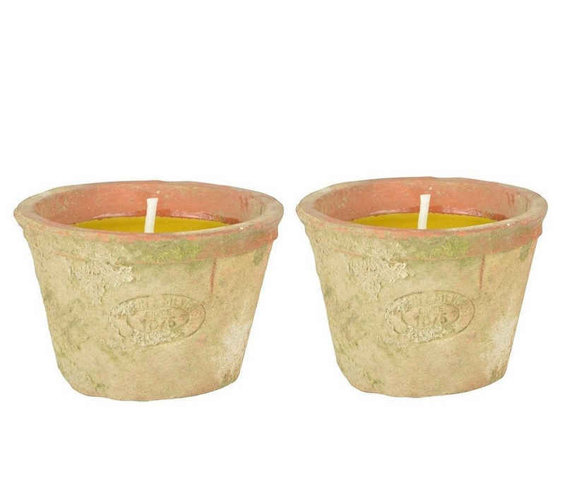Linoows Windlicht Zwei Zitronella Kerzen im Terrakotta Topf, Lichter (2x), 2 Duft Partylichter Kerzentöpfe Mückenschreck