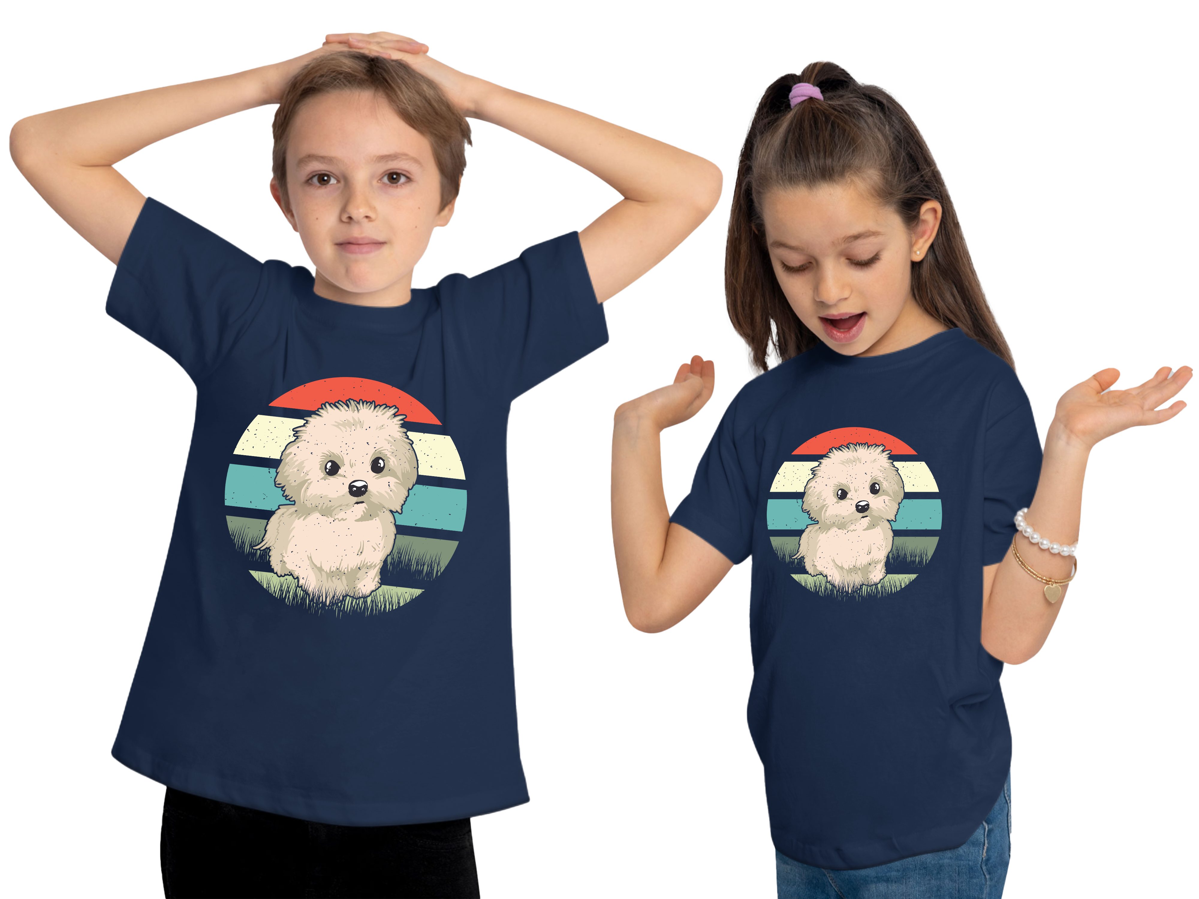 Print-Shirt Aufdruck, navy i242 Malteser Retro Kinder T-Shirt mit blau - Welpen bedruckt MyDesign24 Baumwollshirt Hunde
