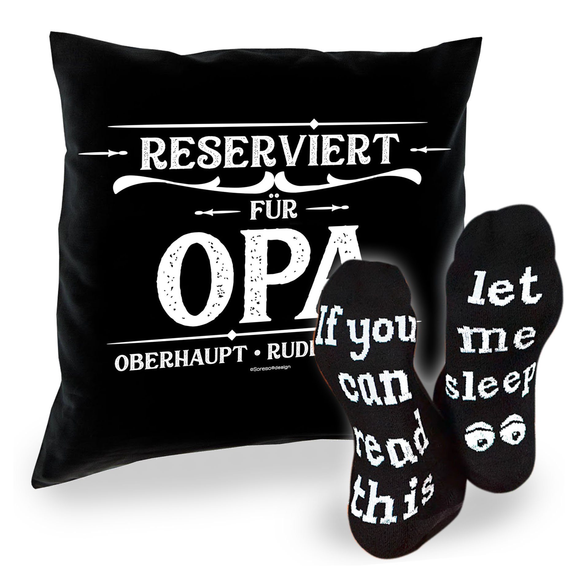 Soreso® Dekokissen Kissen Reserviert für Opa & Sprüche Socken Sleep, Geschenke für Großvater Geschenkidee schwarz