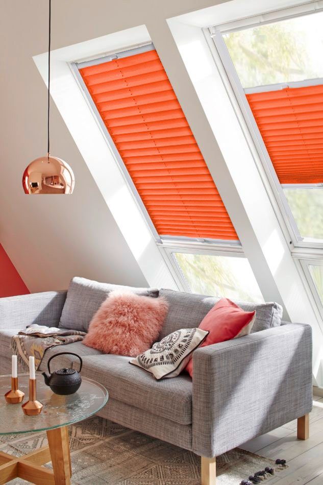 Lichtschutz, Dachfensterplissee mit Style verspannt, sunlines, verschraubt, Führungsschienen orange StartUp Crepe,