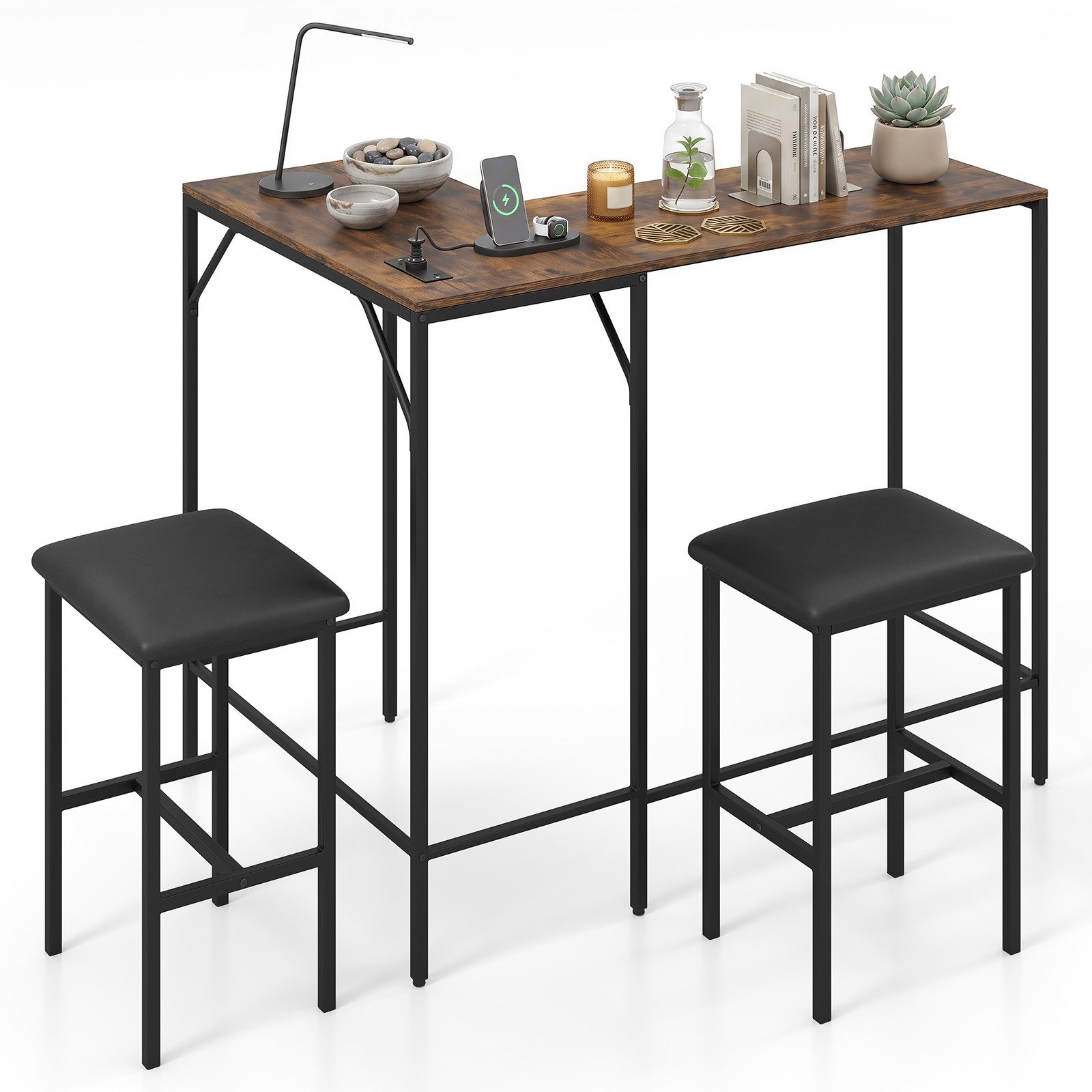 COSTWAY Bartisch mit Hocker 2er Set, Steckdose, Esstisch Set mit 2 Stühlen