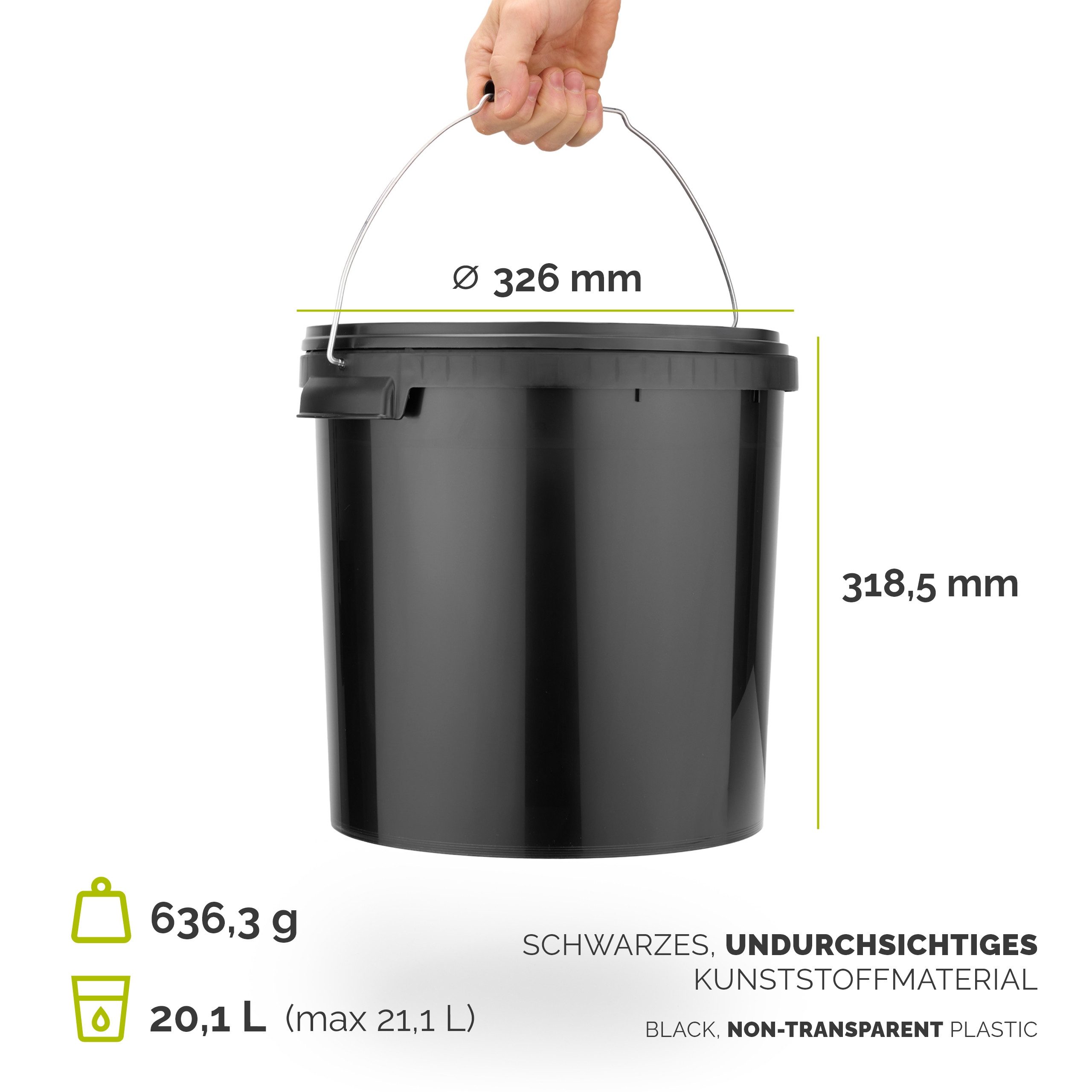 Garronda Putzeimer Eimer mit Deckel 20 L für Lebensmittel und Chemikalien GD-0116, (1-tlg), Schwarz