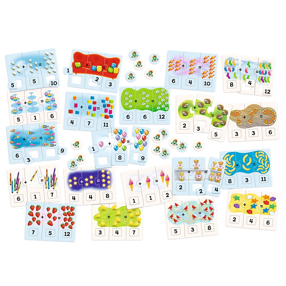 Trefl Spiel Lernspiel Rechenpuzzle Zahlenspaß, Addition, Lernspiel, Addition bis 12, 10 Puzzles, 2 Würfel