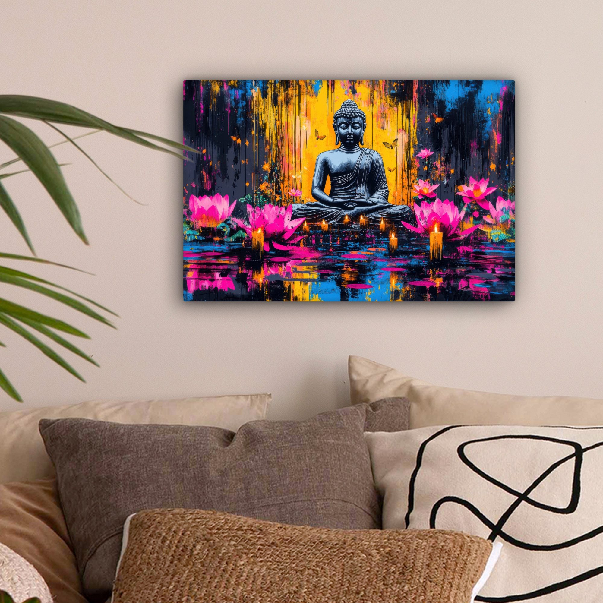 OneMillionCanvasses® Leinwandbild Buddha - Blumen - Kerzen - Gelb, Fotodruck (1 St), Leinwand Bilder Klein, Wand Dekoration Aesthetic 30x20 cm