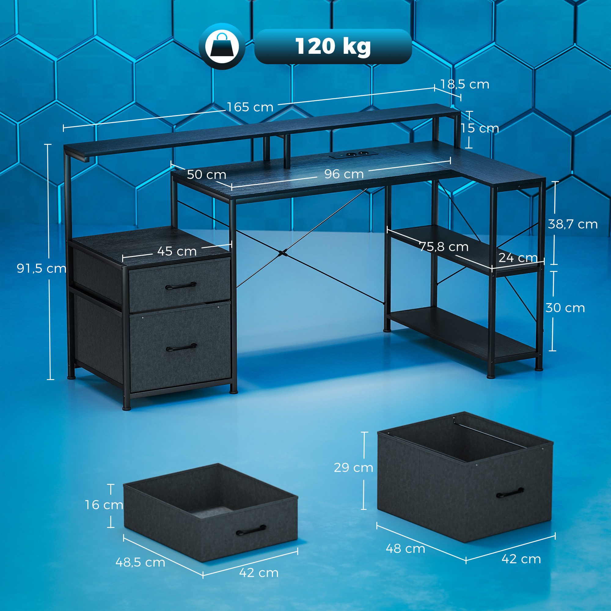 HOMCOM Gamingtisch mit LED & Steckdosen, Doppelmonitorständer, 2 Schublade, Ablagefächer (Computertisch, 1-St., Schreibtisch), für Büro, Arbeitszimmer, Schwarz