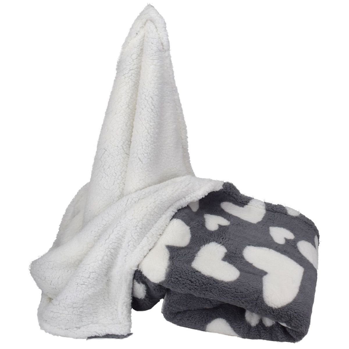 Wohndecke Kuscheldecke aus Polyester in Lammfelloptik mit Herzen oder grau/weiß, Marabellas Shop, beidseitig kuschelig