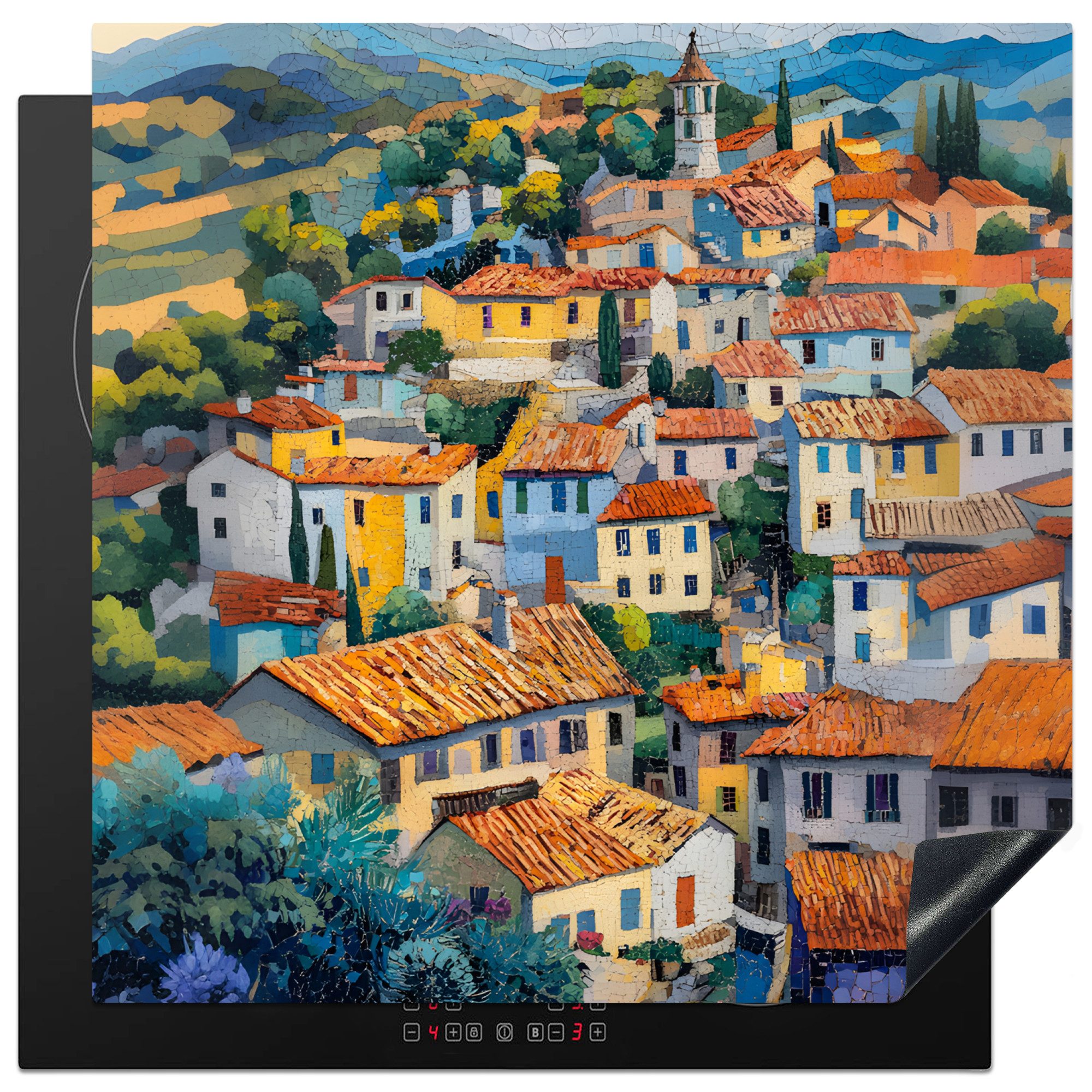 MuchoWow Herd-Abdeckplatte Dorf - Hügel - Landschaft - Bäume, Vinyl, (1 tlg), Küche Herdabdeckung Ceranfeld Induktionsfeld Vinyl, 60x60 cm