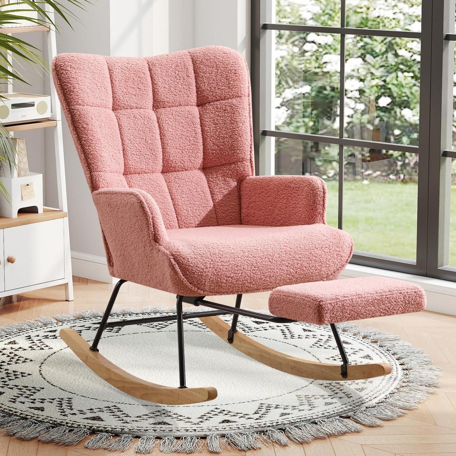 LuxusKollektion Schaukelstuhl Schaukelstuhl Fußstütze Teddystoff Rosa 2 1 Stück mit Fußstütze