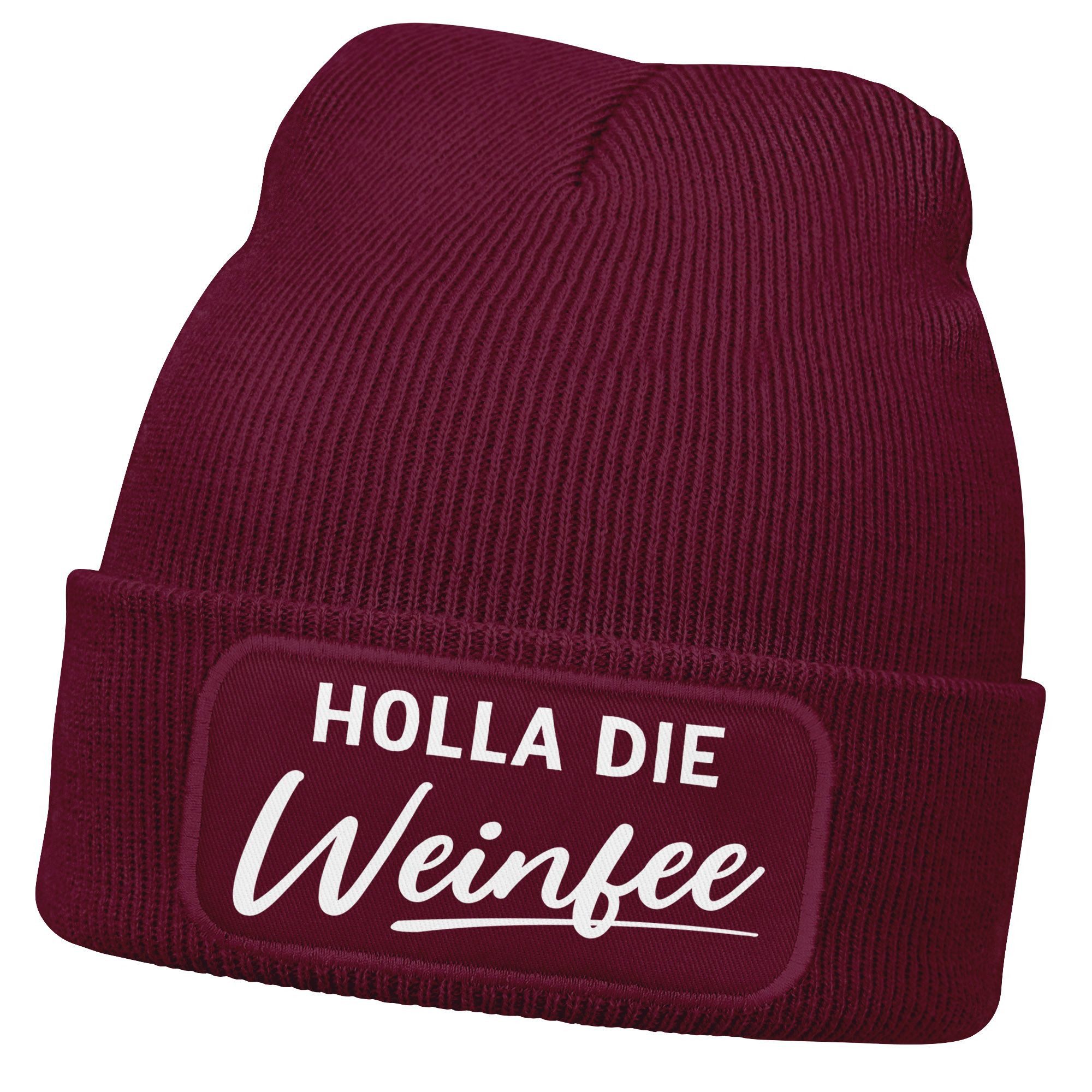Strickmütze Damen Beanie mit Patch Strickmütze mit Spruch Holla die Weinfee