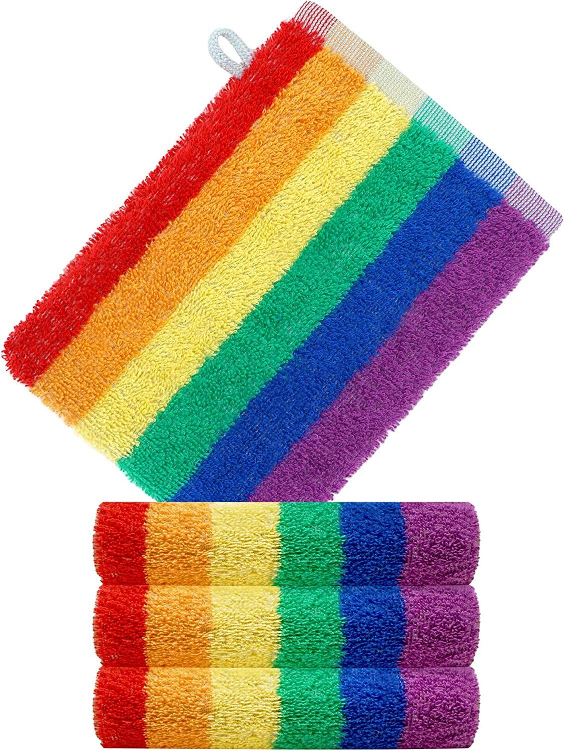 Lashuma Waschhandschuh Regenbogen (Set, 4-tlg., 4er 15x21 cm), bunte  Frottee Waschlappen 15x21 cm