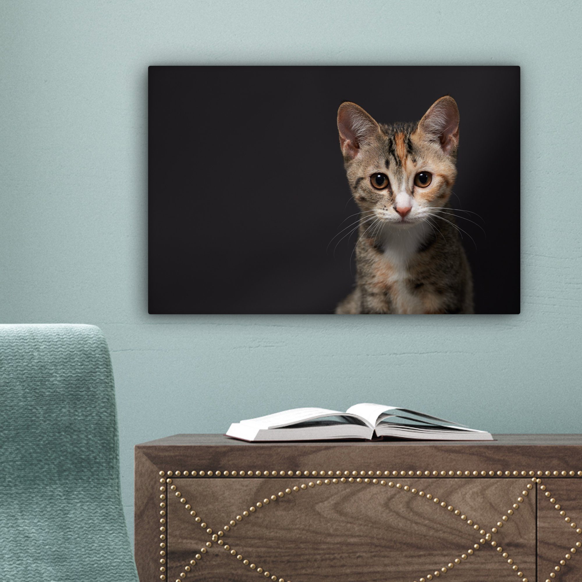 OneMillionCanvasses® Leinwandbild Katze - Schwarz (1 Wanddeko, Porträt, St), Leinwandbilder, - Aufhängefertig, cm Wandbild 30x20