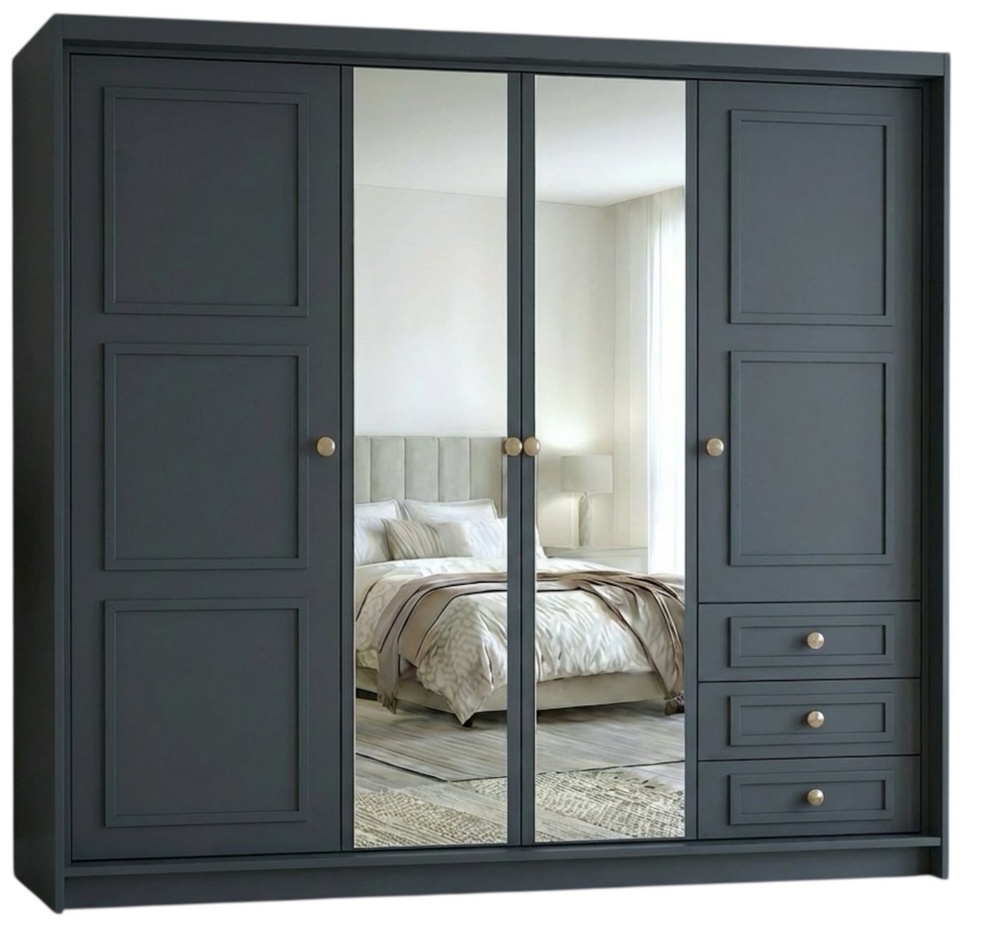 A&J MöbelLand GmbH Drehtürenschrank OSLO viertüriger Kleiderschrank mit Schubladen und Metallgriffen (Geräumiger viertüriger Kleiderschrank mit Schubladen und Metallgriffen. Geräumiger Schrank mit einer Breite von 200 cm und Schubladen, ideal zur Aufbewah