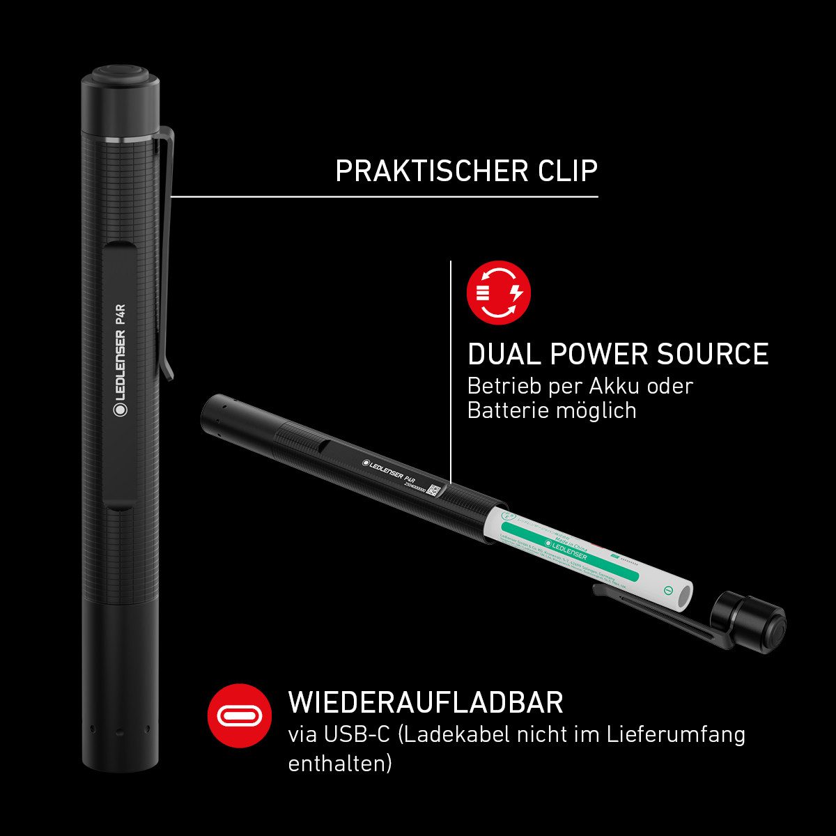 Ledlenser Taschenlampe P4R, bis 300 Lumen, 100m Leuchtweite, IP54, 13 Std. Laufzeit, USB-C, Akku