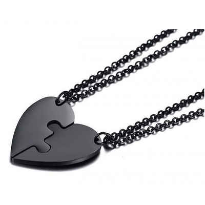 Sanixa Kette mit Anhänger Partnerkette Herz schwarz - Freundschaftskette Halskette, Herzkette Liebe Puzzle-Kette Anhänger