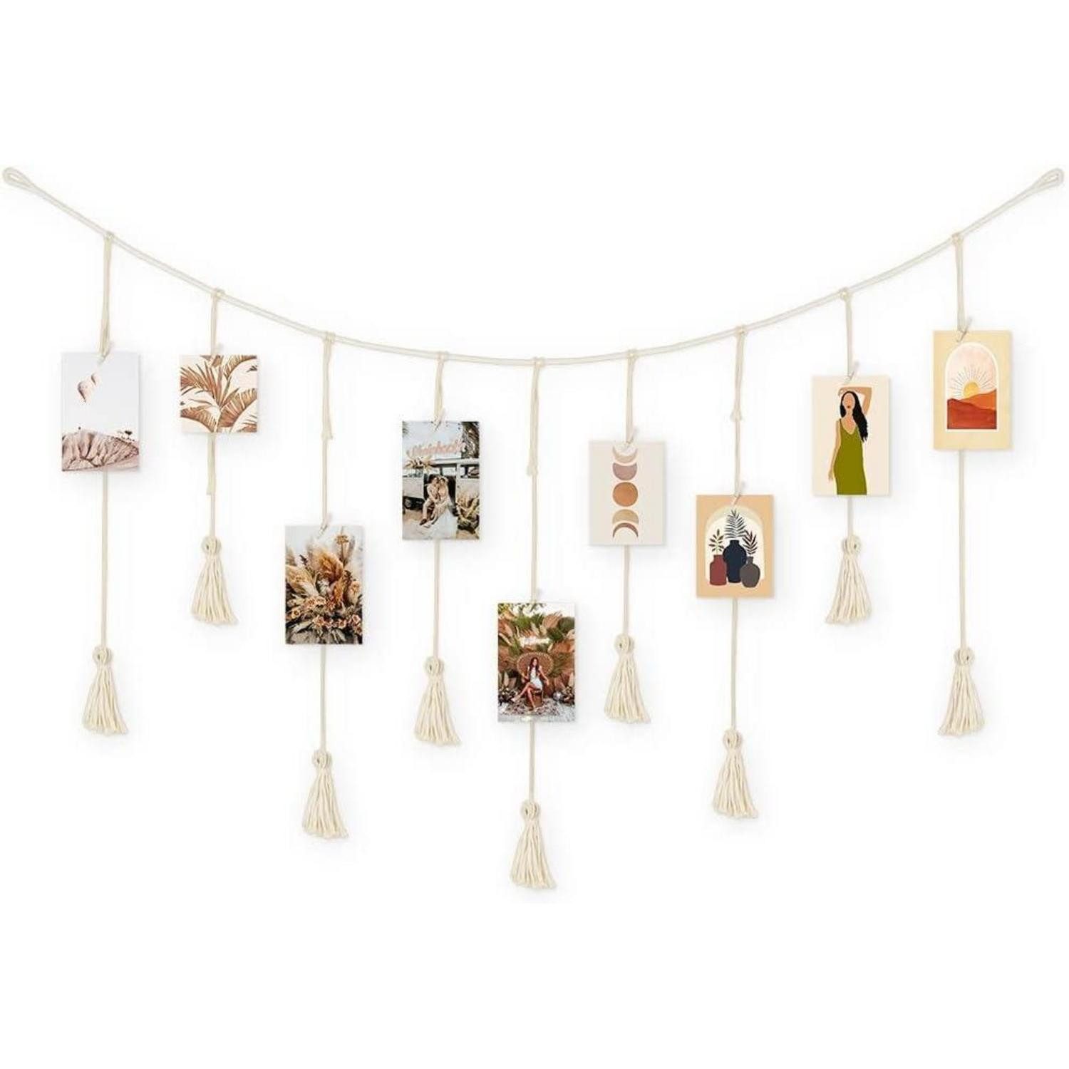 LuxusKollektion Fotohalter Fotoleine Boho Quaste 30 Holzklammern 2 Fotoseil mit Quasten Baumwolle