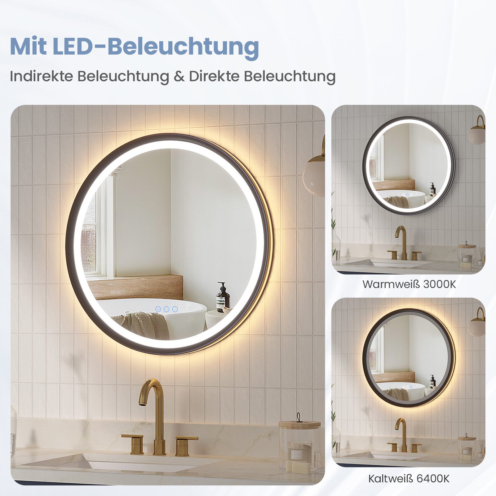 AQUALAVOS Rahmenspiegel-rund Badspiegel mit Beleuchtung Rund 60 cm Aluminiumrahmen Touch Schalter, LED Beleuchtung Dimmbar Kaltweiß & Warmweiß Touchschalter Alu – Bild 4 von 5