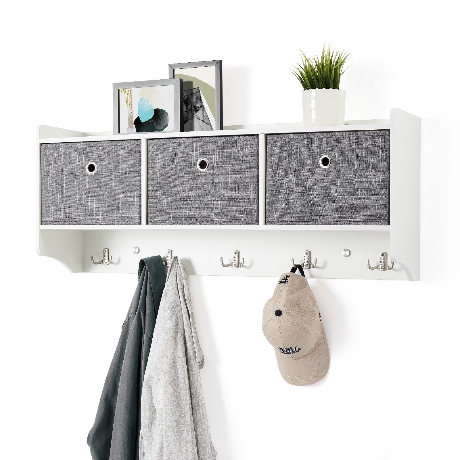 Mondeer Wandgarderobe Wandregal, Hängeregal mit 3 Körben und 5 Haken, Weiß