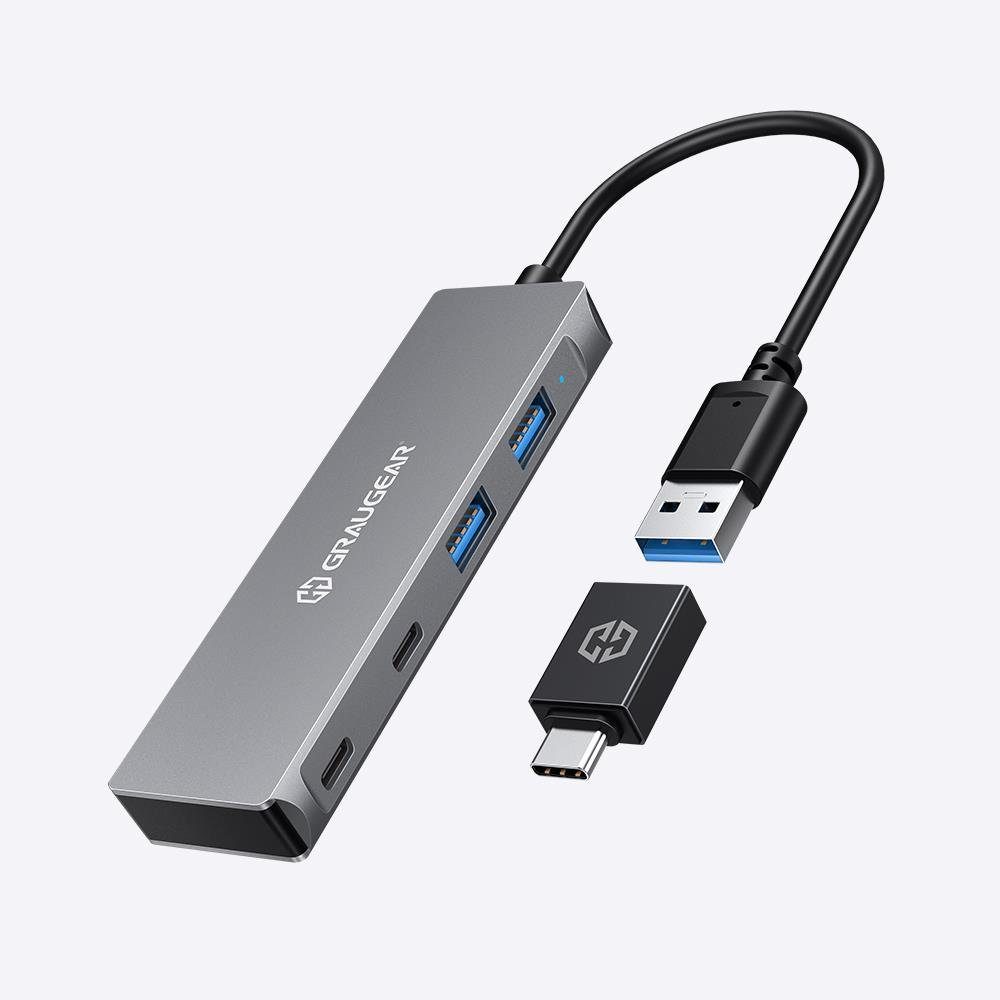 GRAUGEAR 4 Ports USB 3.0 HUB USB-Adapter, 2x USB C, 2x USB A, Aluminium, Kabellänge 20 cm, USB Type C Adapter